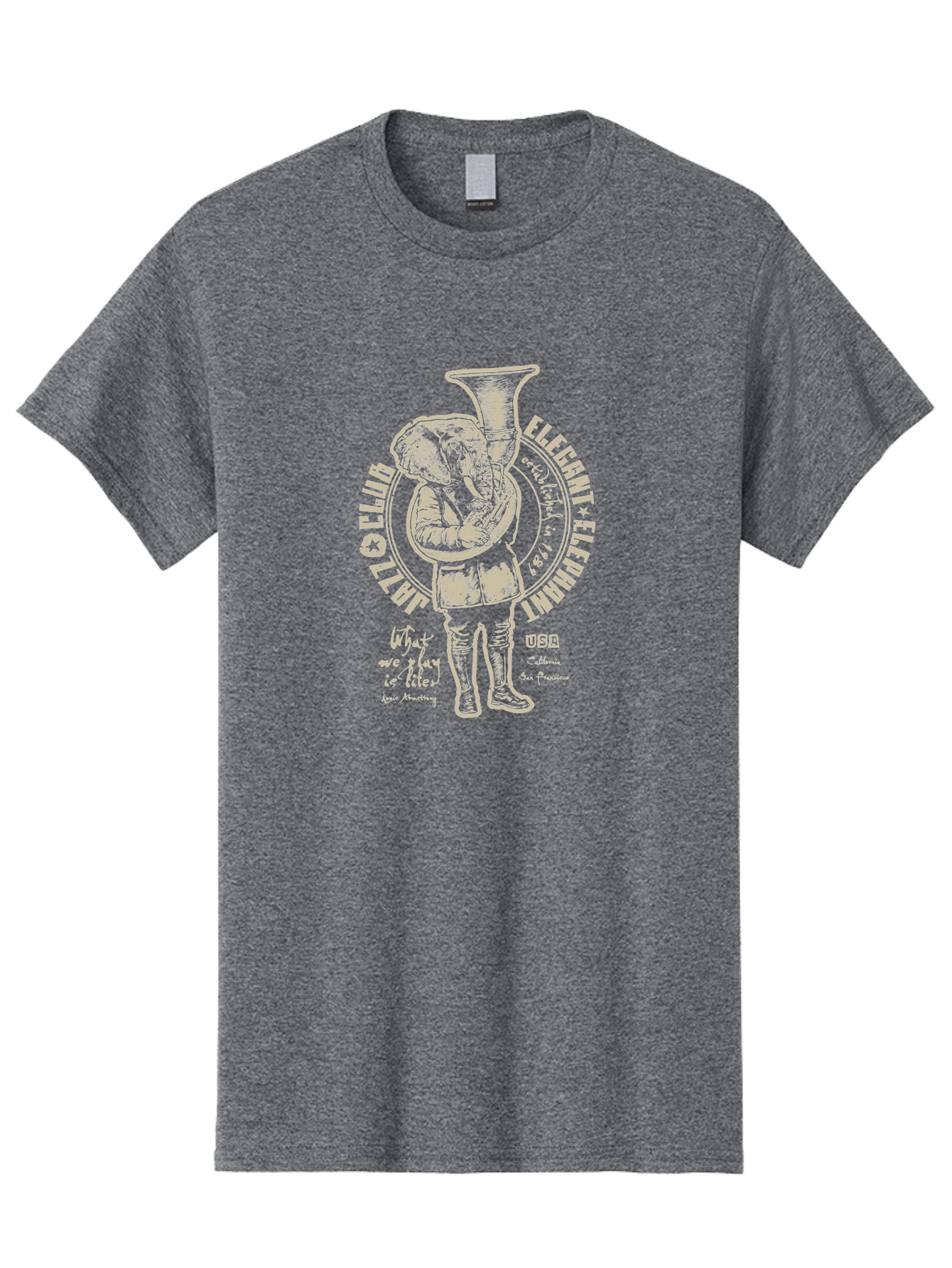 Jazz Club Elegant Elephant Men'S Graphic Tee, 100% Cotton, Comfortable Casual Summer Wear, Machine Washable, Elephant Playing Trumpet, Vintage Illustration, Unique Design, Elegant Typography, Quirky Art, Circus Theme, Playful Graphics, Aae423 13