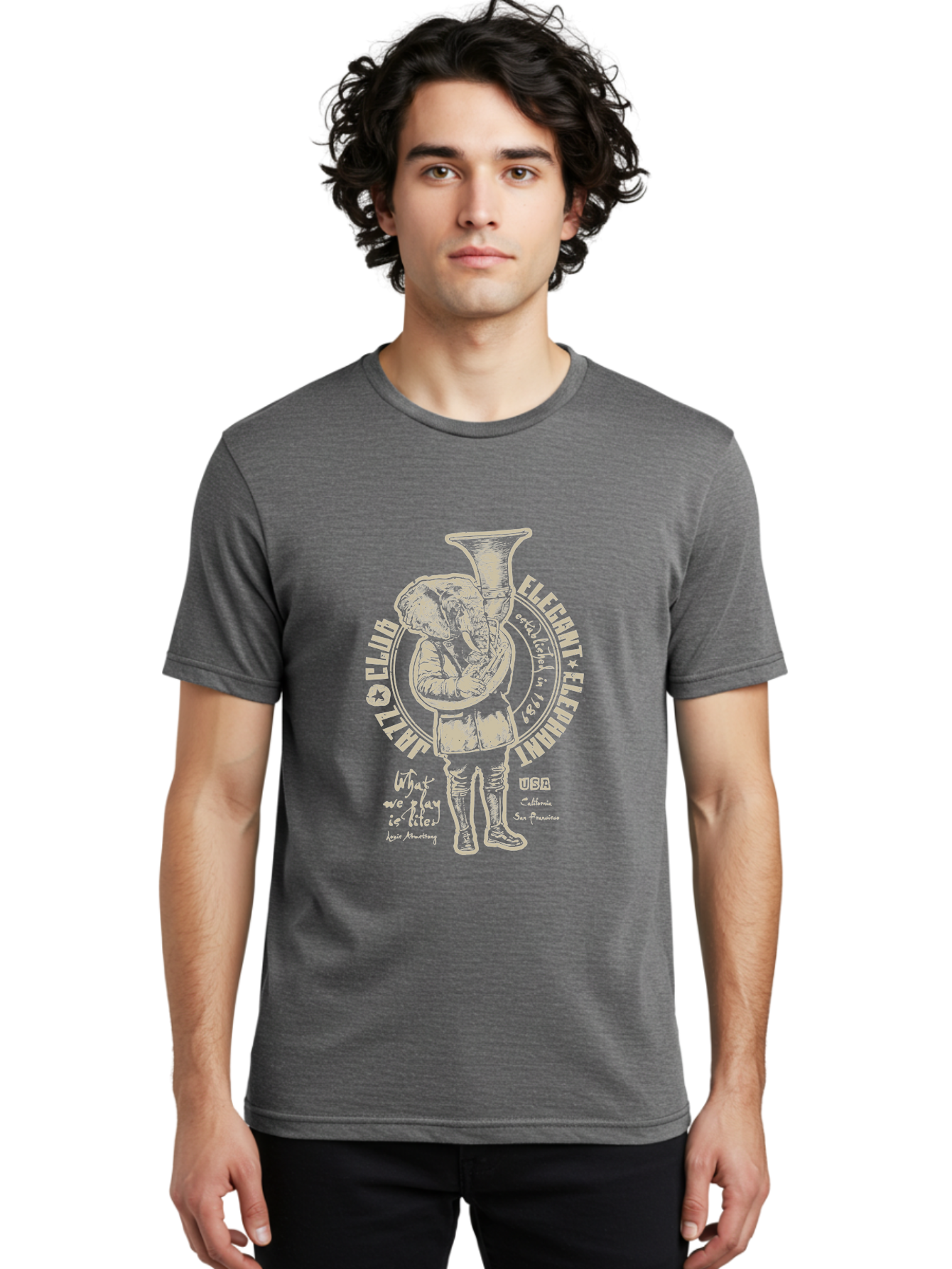 Jazz Club Elegant Elephant Men'S Graphic Tee, 100% Cotton, Comfortable Casual Summer Wear, Machine Washable, Elephant Playing Trumpet, Vintage Illustration, Unique Design, Elegant Typography, Quirky Art, Circus Theme, Playful Graphics, Aae423 14