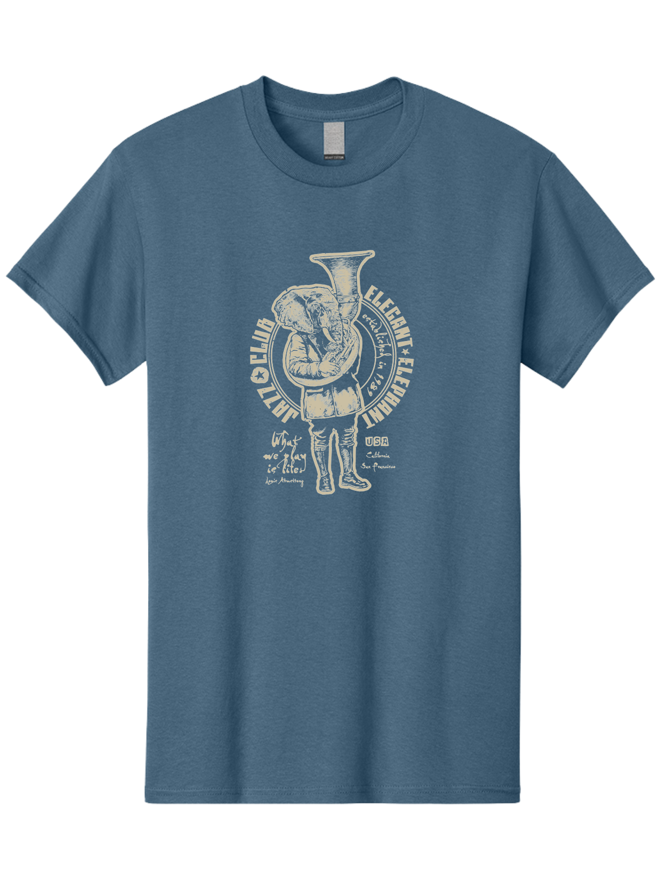 Jazz Club Elegant Elephant Men'S Graphic Tee, 100% Cotton, Comfortable Casual Summer Wear, Machine Washable, Elephant Playing Trumpet, Vintage Illustration, Unique Design, Elegant Typography, Quirky Art, Circus Theme, Playful Graphics, Aae423 27