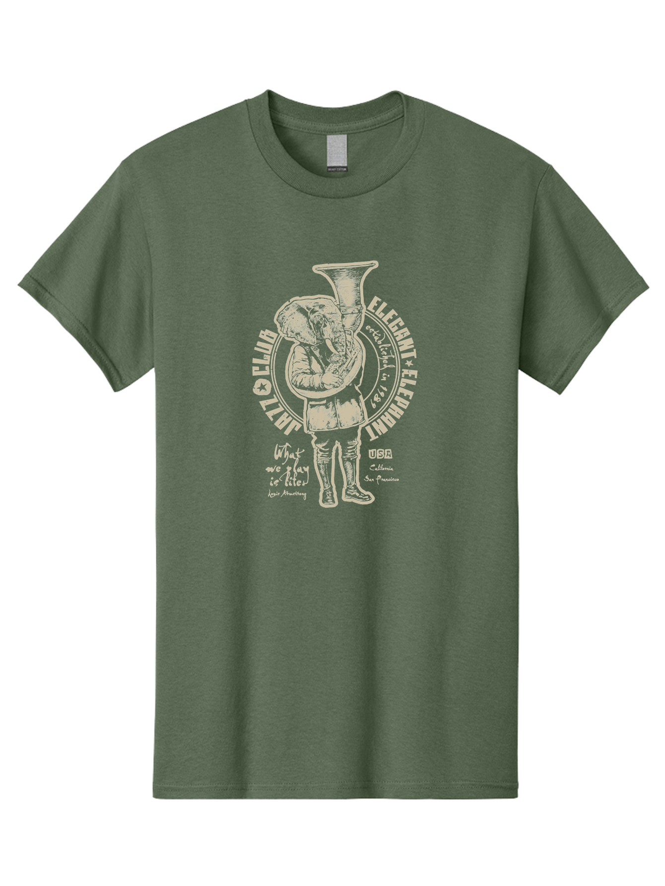Jazz Club Elegant Elephant Men'S Graphic Tee, 100% Cotton, Comfortable Casual Summer Wear, Machine Washable, Elephant Playing Trumpet, Vintage Illustration, Unique Design, Elegant Typography, Quirky Art, Circus Theme, Playful Graphics, Aae423 5