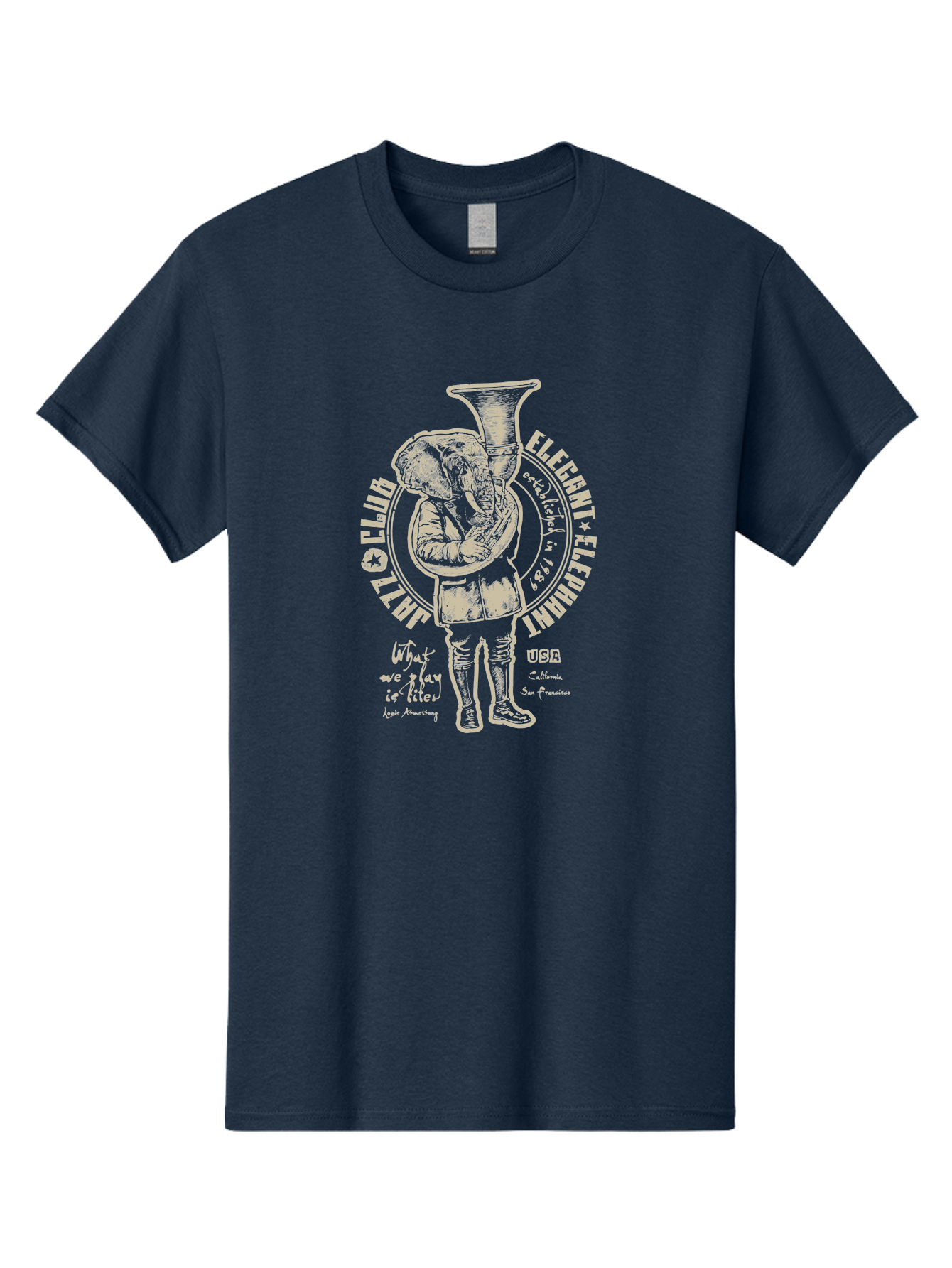 Jazz Club Elegant Elephant Men'S Graphic Tee, 100% Cotton, Comfortable Casual Summer Wear, Machine Washable, Elephant Playing Trumpet, Vintage Illustration, Unique Design, Elegant Typography, Quirky Art, Circus Theme, Playful Graphics, Aae423 3