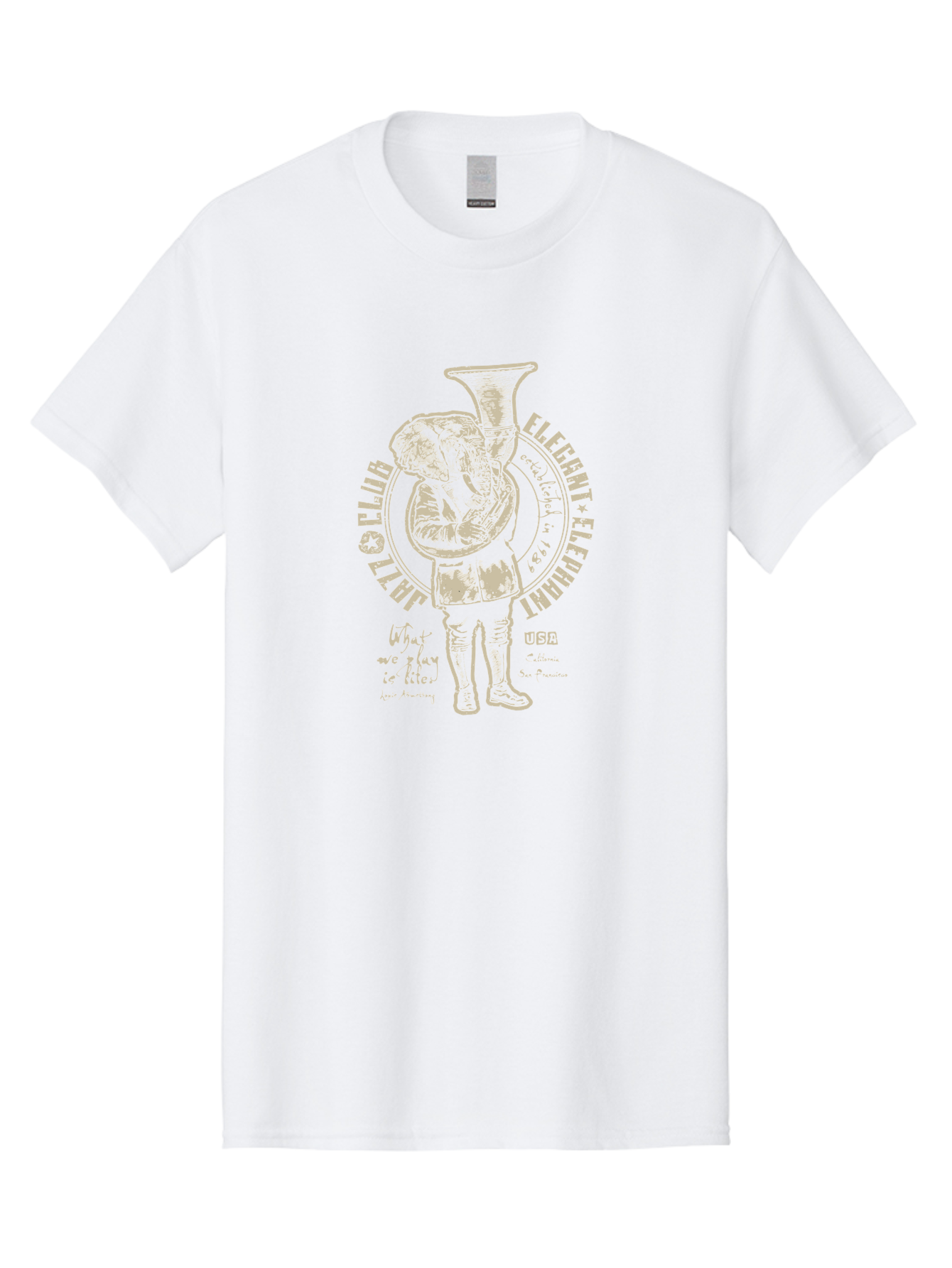 Jazz Club Elegant Elephant Men'S Graphic Tee, 100% Cotton, Comfortable Casual Summer Wear, Machine Washable, Elephant Playing Trumpet, Vintage Illustration, Unique Design, Elegant Typography, Quirky Art, Circus Theme, Playful Graphics, Aae423 21