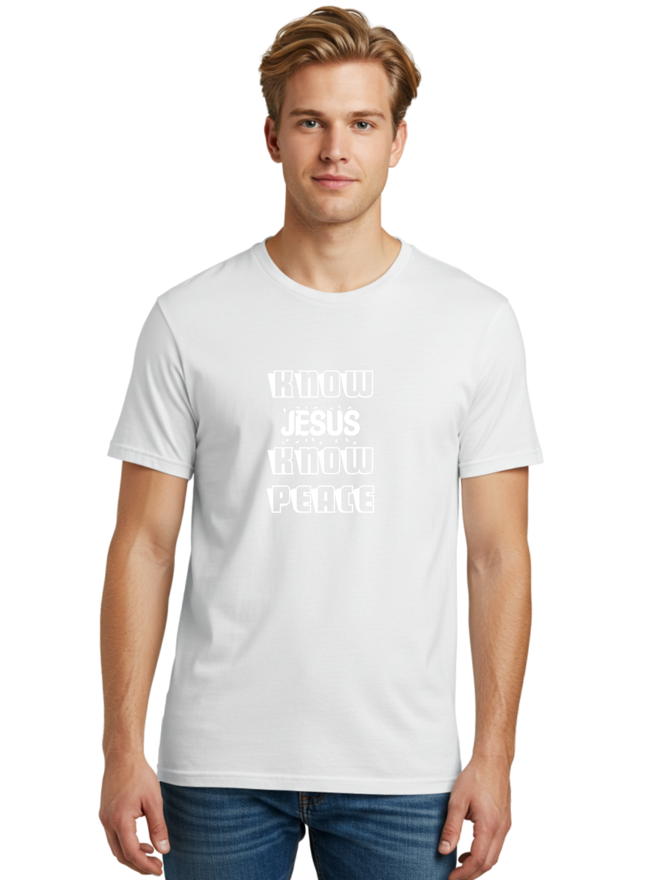 Know Jesus Know Peace Men'S Graphic Tee, 100% Cotton, Comfortable Casual Summer Wear, Machine Washable, Inspirational Quote, Faith-Based Message, Christian Values, Know Jesus Know Peace, Motivational Phrase, Spiritual Guidance, Jesus Christ, Aae437 22