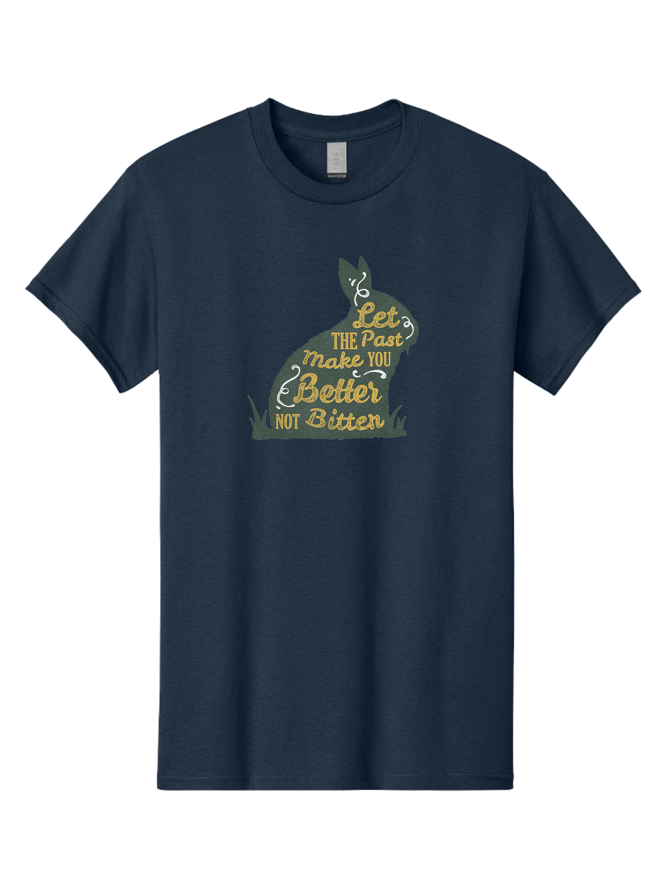Let The Past Make You Better Not Bitter Men'S Graphic Tee, 100% Cotton, Comfortable Casual Summer Wear, Machine Washable, Inspirational Quote, Motivational Phrase, Rabbit Silhouette, Yellow Typography, White Swirls, Grassy Base, Aae448 5