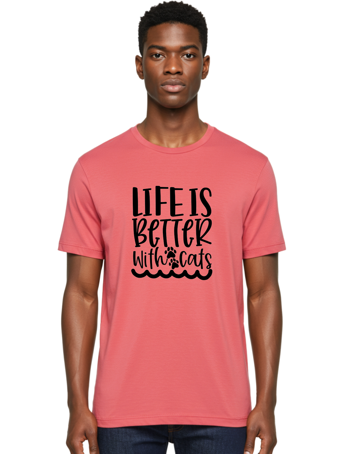 Life Is Better With Cats Men'S Graphic Tee, 100% Cotton, Comfortable Casual Summer Wear, Machine Washable, Cat Lovers, Feline Friends, Positive Vibes, Inspirational Quotes, Cute Designs, Paw Print, Wavy Lines, Playful Typography, Cat Quotes Aae451 8