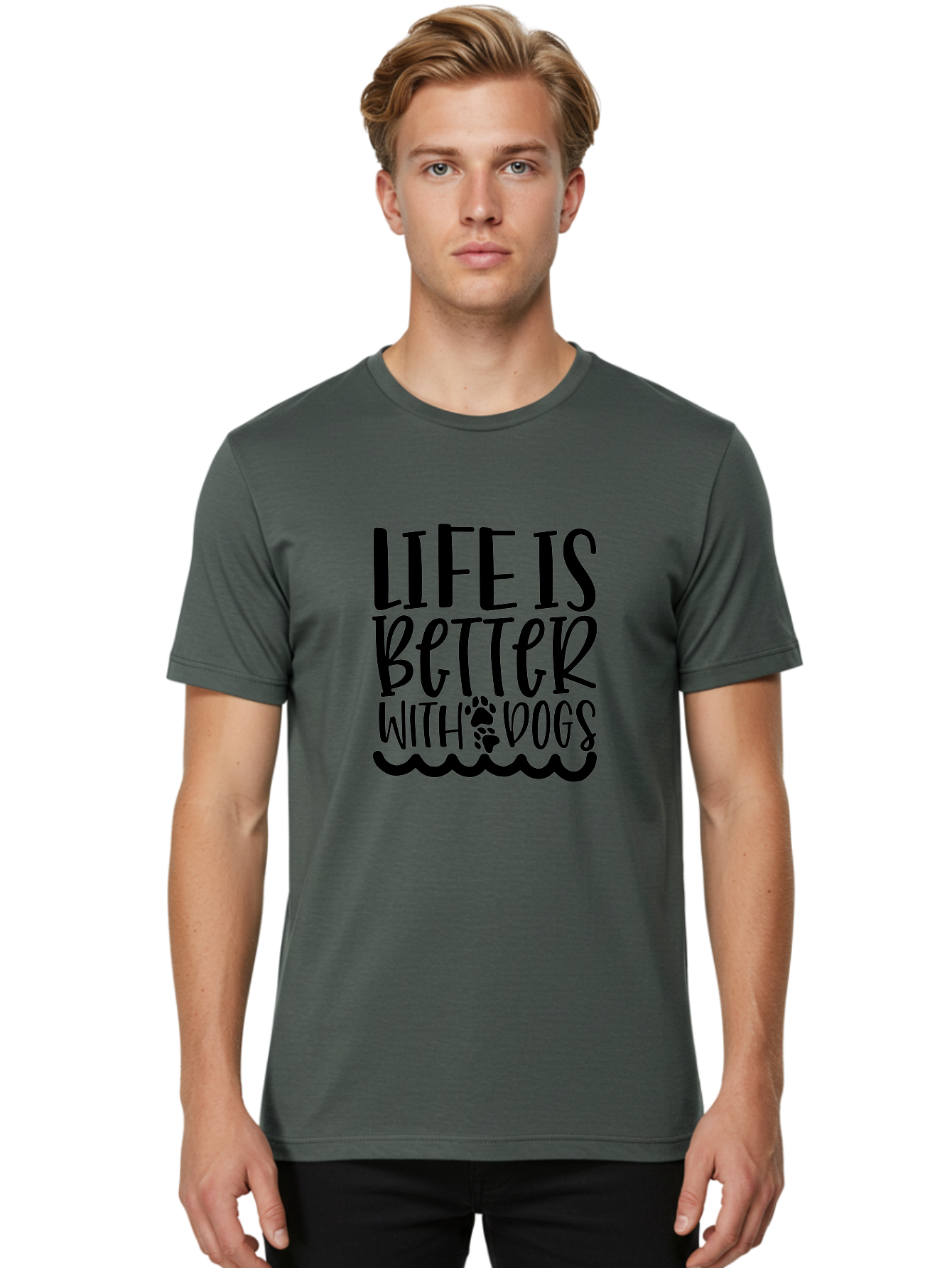 Life Is Better With Dogs Men'S Graphic Tee, 100% Cotton, Comfortable Casual Summer Wear, Machine Washable, Dog Lovers, Inspirational Quotes, Dog Owners, Pet Quotes, Paw Print, Wavy Lines, Motivational Sayings, Pet Friendly, Dog Quotes Aae452 10