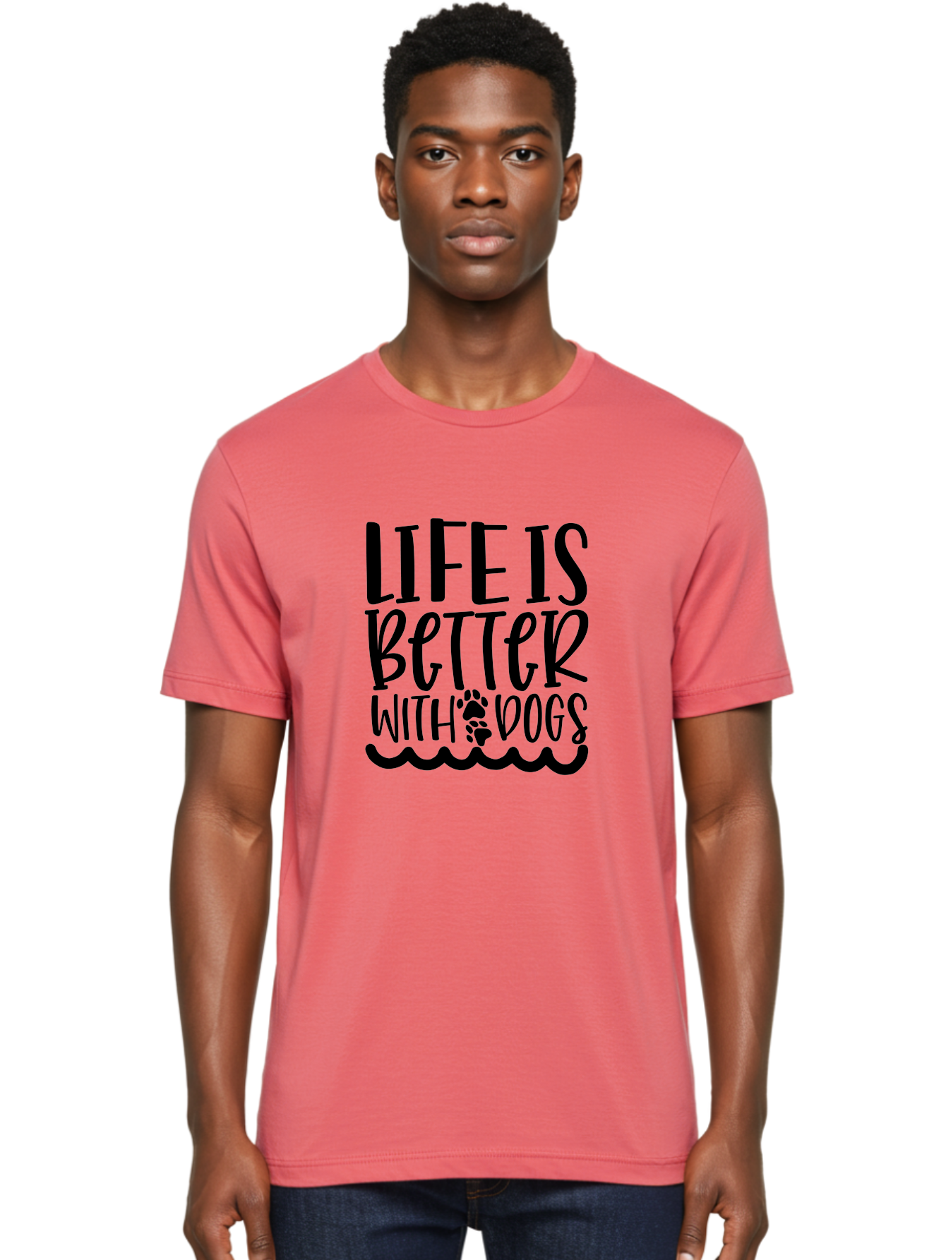 Life Is Better With Dogs Men'S Graphic Tee, 100% Cotton, Comfortable Casual Summer Wear, Machine Washable, Dog Lovers, Inspirational Quotes, Dog Owners, Pet Quotes, Paw Print, Wavy Lines, Motivational Sayings, Pet Friendly, Dog Quotes Aae452 24