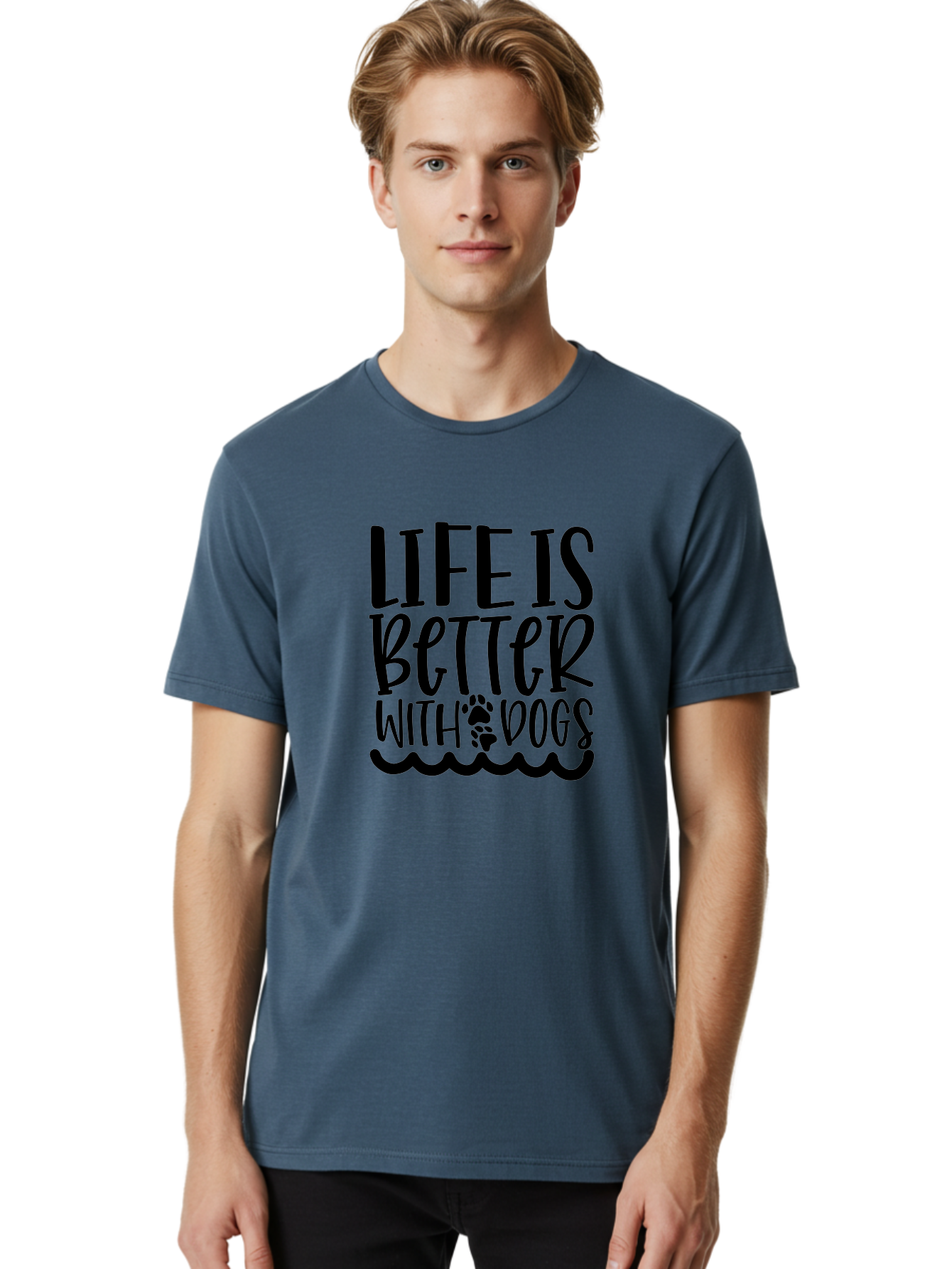 Life Is Better With Dogs Men'S Graphic Tee, 100% Cotton, Comfortable Casual Summer Wear, Machine Washable, Dog Lovers, Inspirational Quotes, Dog Owners, Pet Quotes, Paw Print, Wavy Lines, Motivational Sayings, Pet Friendly, Dog Quotes Aae452 16