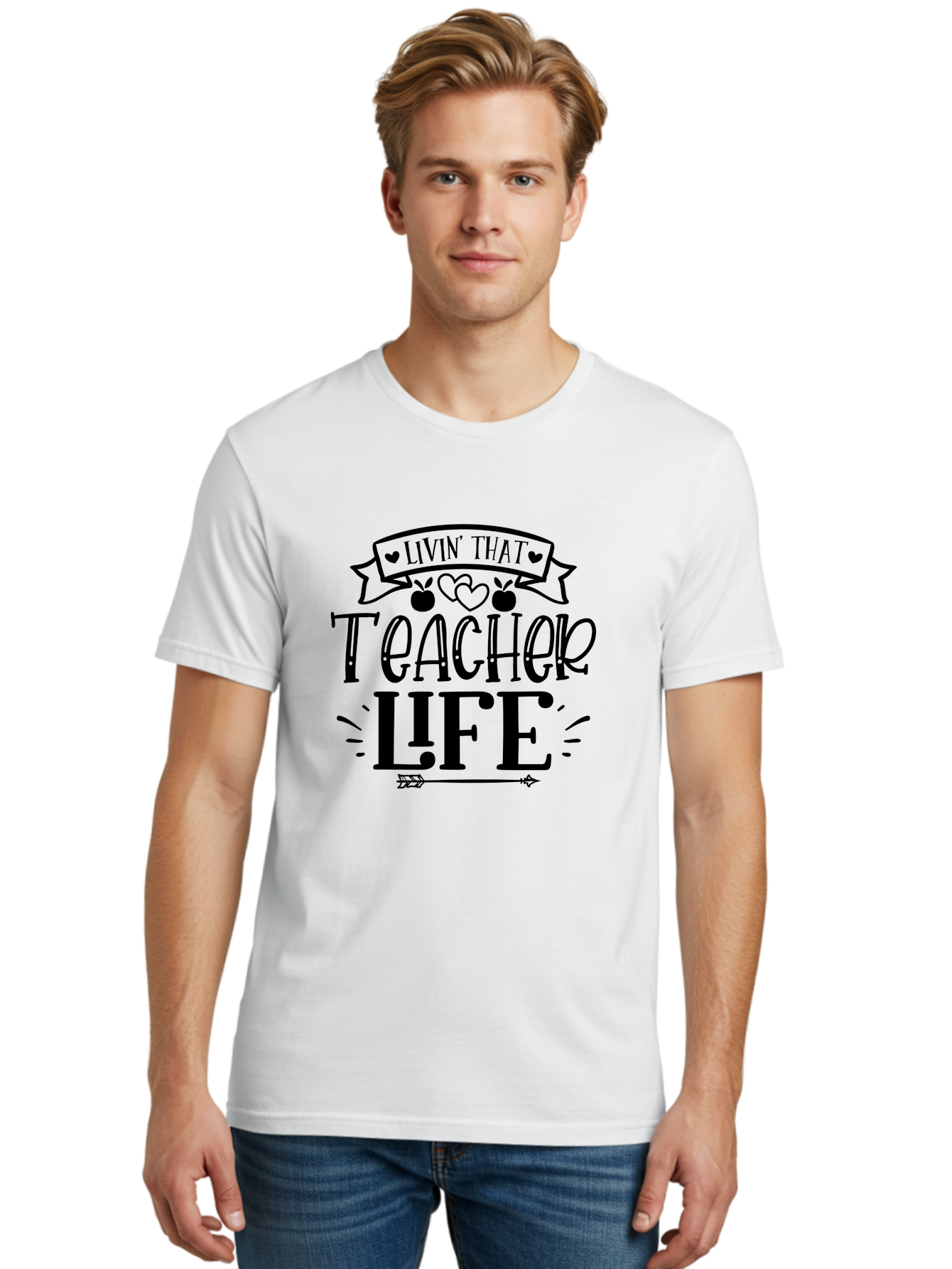 Livin That Teacher Life Men'S Graphic Tee, 100% Cotton, Comfortable Casual Summer Wear, Machine Washable, Teacher Life, Teaching Profession, Educator Lifestyle, Apple Hearts, Inspirational Quote, Motivational Saying, Teacher Apparel, Aae459 24