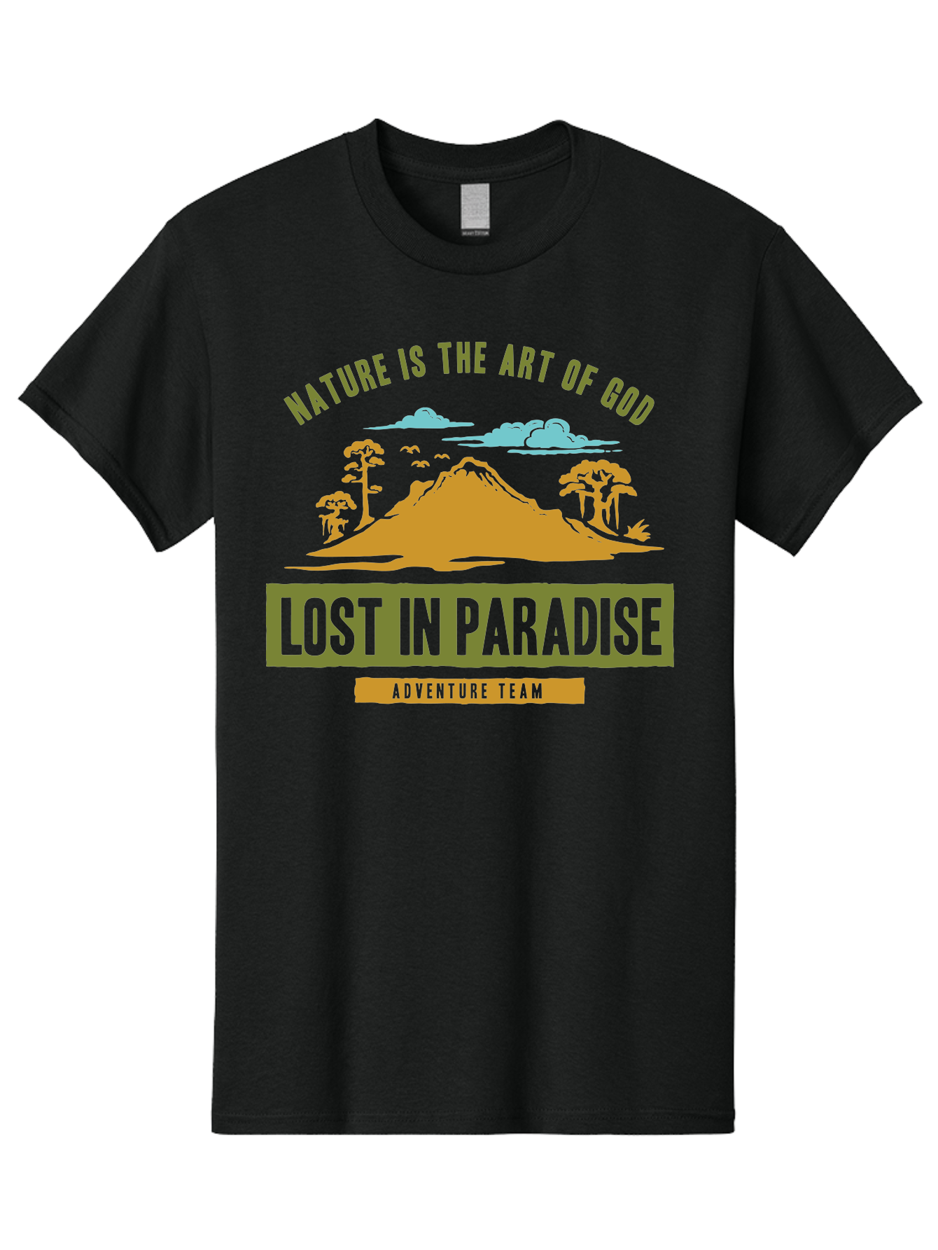 Lost In Paradise Men'S Graphic Tee, 100% Cotton, Comfortable Casual Summer Wear, Machine Washable, Nature-Inspired Design, Paradise Scenery, Mountain Landscape, Adventure Theme, Inspirational Quotes, Outdoor Enthusiasts, Travel Team, Aae462 23