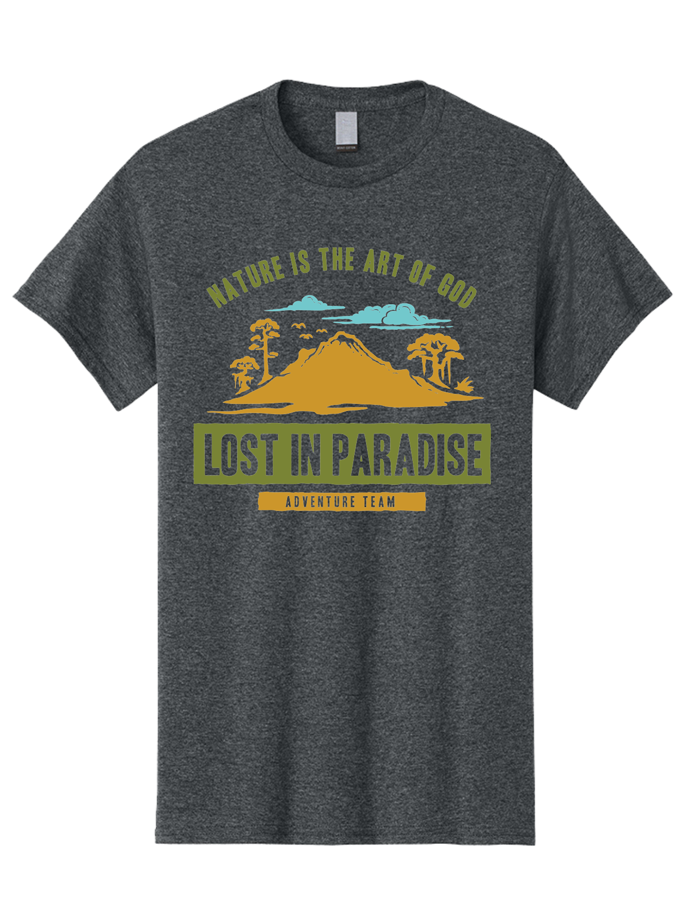 Lost In Paradise Men'S Graphic Tee, 100% Cotton, Comfortable Casual Summer Wear, Machine Washable, Nature-Inspired Design, Paradise Scenery, Mountain Landscape, Adventure Theme, Inspirational Quotes, Outdoor Enthusiasts, Travel Team, Aae462 11