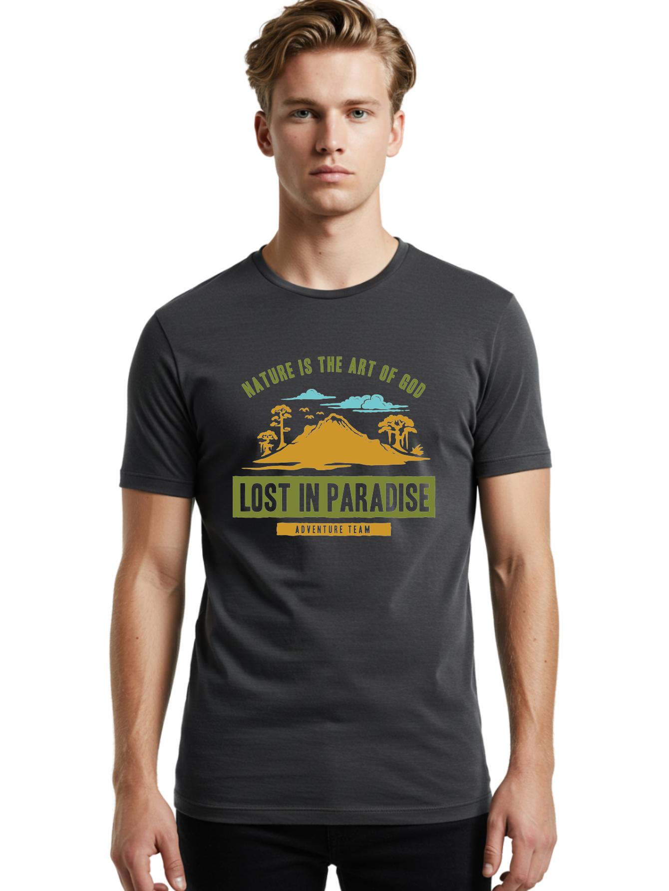 Lost In Paradise Men'S Graphic Tee, 100% Cotton, Comfortable Casual Summer Wear, Machine Washable, Nature-Inspired Design, Paradise Scenery, Mountain Landscape, Adventure Theme, Inspirational Quotes, Outdoor Enthusiasts, Travel Team, Aae462 12