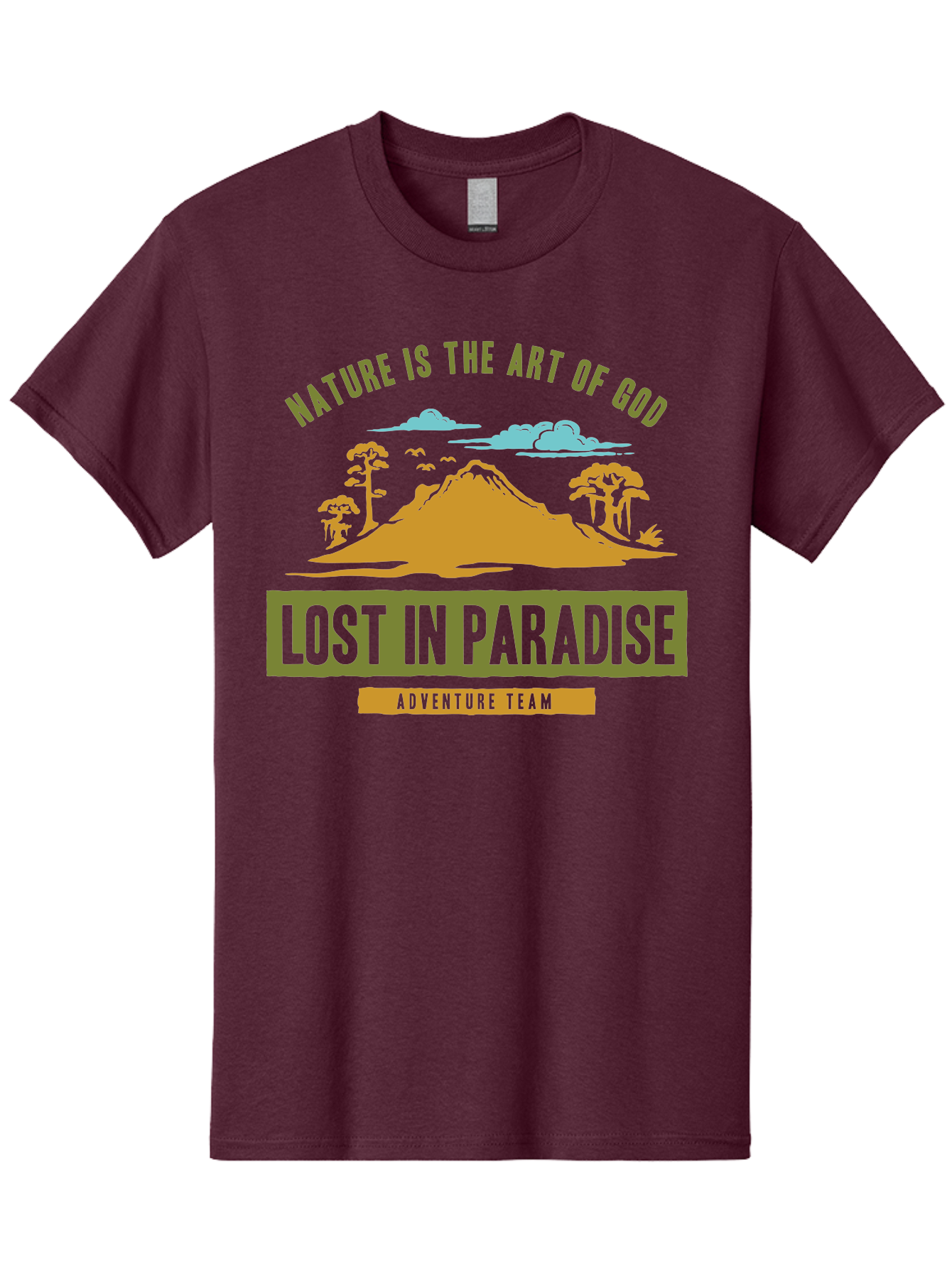 Lost In Paradise Men'S Graphic Tee, 100% Cotton, Comfortable Casual Summer Wear, Machine Washable, Nature-Inspired Design, Paradise Scenery, Mountain Landscape, Adventure Theme, Inspirational Quotes, Outdoor Enthusiasts, Travel Team, Aae462 15