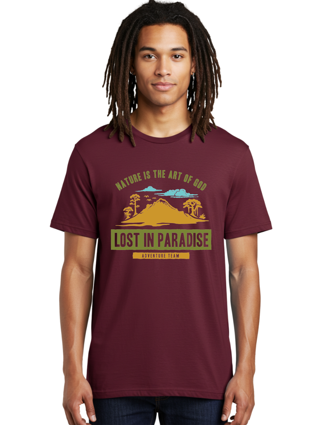 Lost In Paradise Men'S Graphic Tee, 100% Cotton, Comfortable Casual Summer Wear, Machine Washable, Nature-Inspired Design, Paradise Scenery, Mountain Landscape, Adventure Theme, Inspirational Quotes, Outdoor Enthusiasts, Travel Team, Aae462 16