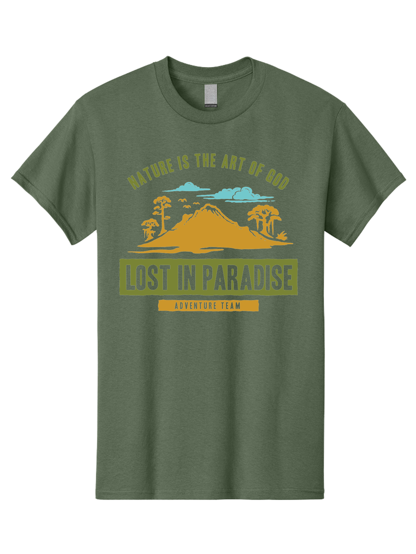 Lost In Paradise Men'S Graphic Tee, 100% Cotton, Comfortable Casual Summer Wear, Machine Washable, Nature-Inspired Design, Paradise Scenery, Mountain Landscape, Adventure Theme, Inspirational Quotes, Outdoor Enthusiasts, Travel Team, Aae462 21