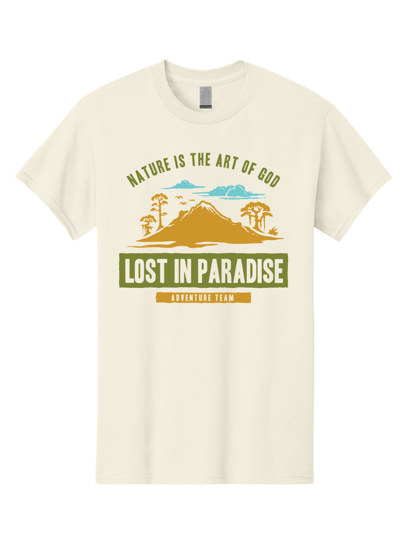 Lost In Paradise Men'S Graphic Tee, 100% Cotton, Comfortable Casual Summer Wear, Machine Washable, Nature-Inspired Design, Paradise Scenery, Mountain Landscape, Adventure Theme, Inspirational Quotes, Outdoor Enthusiasts, Travel Team, Aae462 1