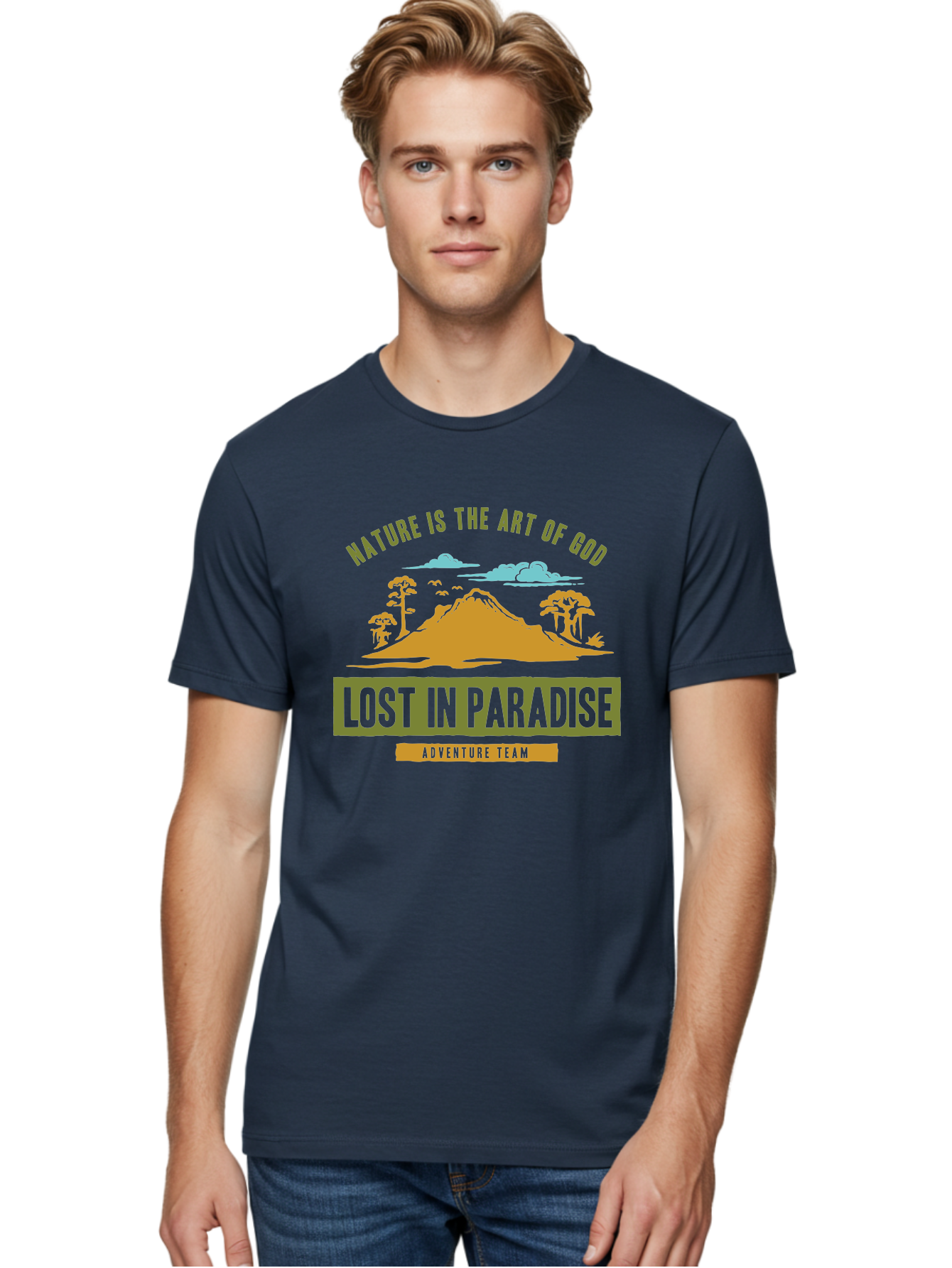 Lost In Paradise Men'S Graphic Tee, 100% Cotton, Comfortable Casual Summer Wear, Machine Washable, Nature-Inspired Design, Paradise Scenery, Mountain Landscape, Adventure Theme, Inspirational Quotes, Outdoor Enthusiasts, Travel Team, Aae462 4