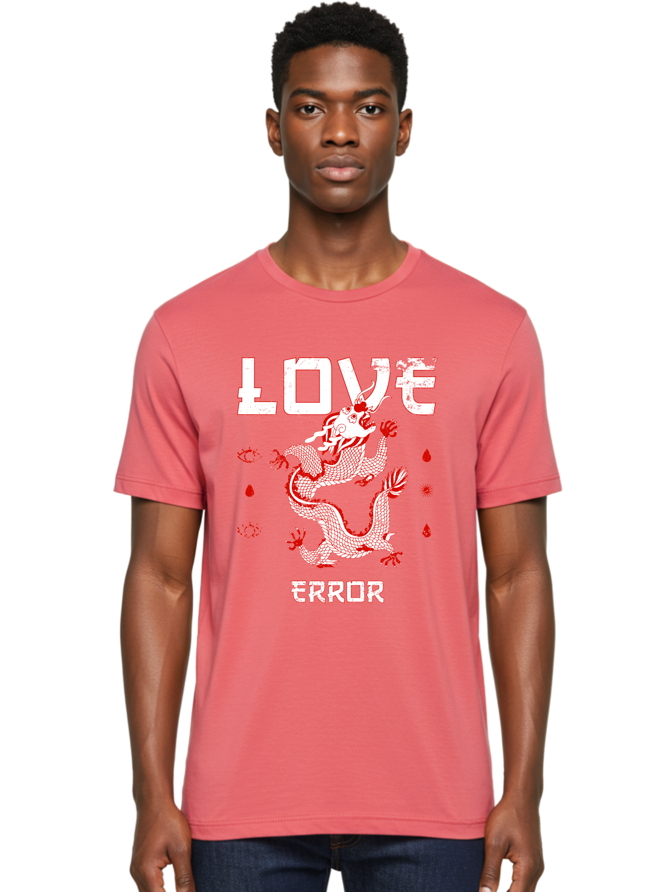 Love Error Men'S Graphic Tee, 100% Cotton, Comfortable Casual Summer Wear, Machine Washable, Dragon Graphic, Love Error Message, Red Dragon Illustration, Bold Typography, Abstract Shapes, Symbolic Art, Emotional Expression, Edgy Design Aae466 24