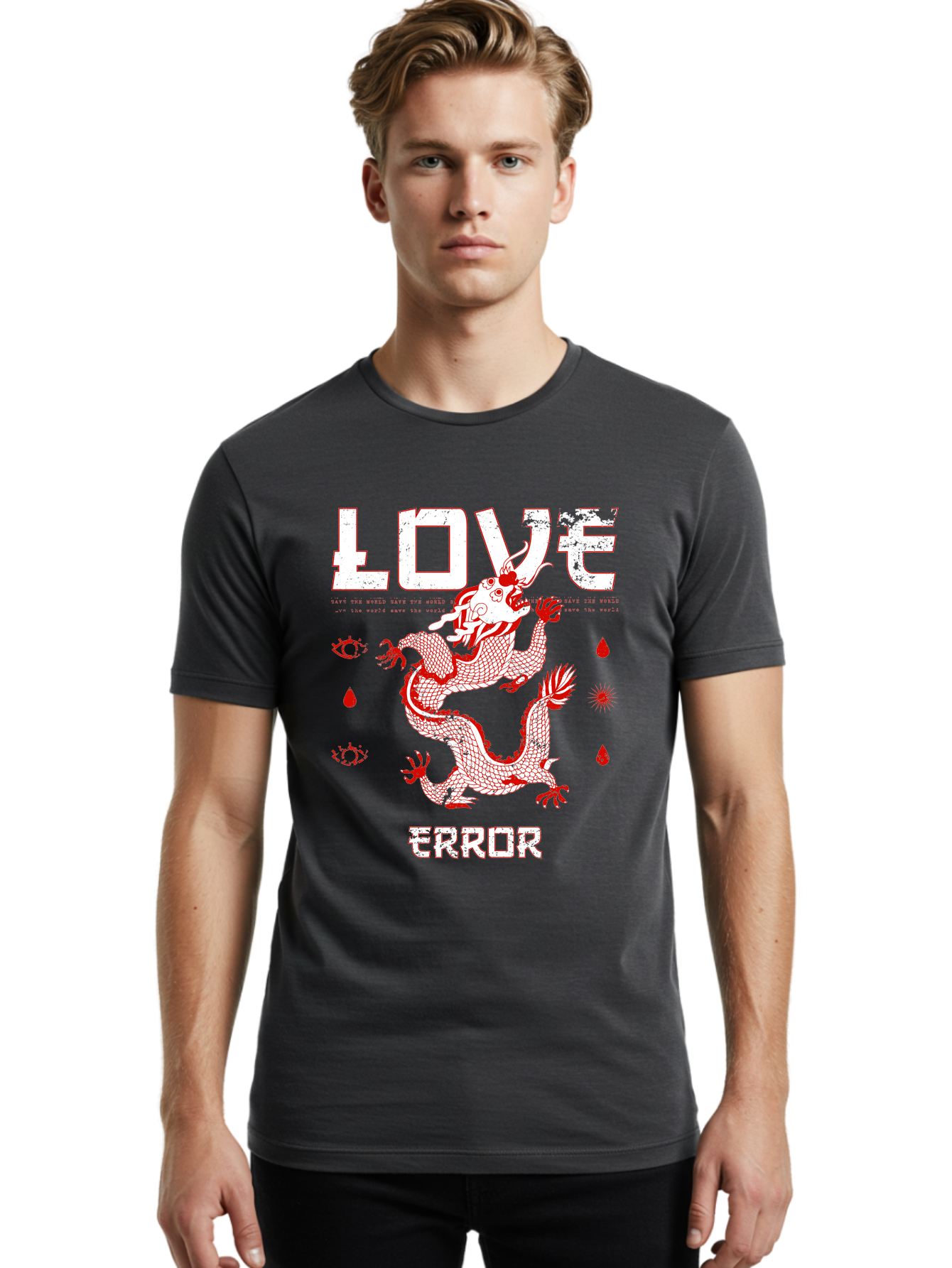 Love Error Men'S Graphic Tee, 100% Cotton, Comfortable Casual Summer Wear, Machine Washable, Dragon Graphic, Love Error Message, Red Dragon Illustration, Bold Typography, Abstract Shapes, Symbolic Art, Emotional Expression, Edgy Design Aae466 28