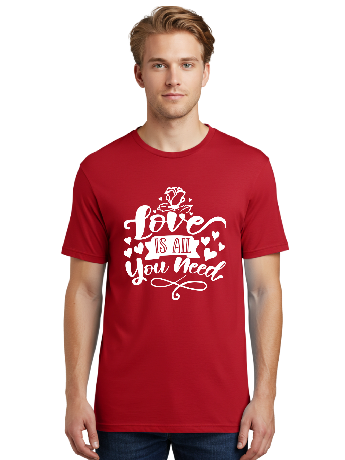 Love Is All You Need White Men'S Graphic Tee, 100% Cotton, Comfortable Casual Summer Wear, Machine Washable, Love Quote, Inspirational Quote, Motivational Quote, Typography, Hearts, Roses, Love Is All You Need, Inspirational Message, Aae468 4