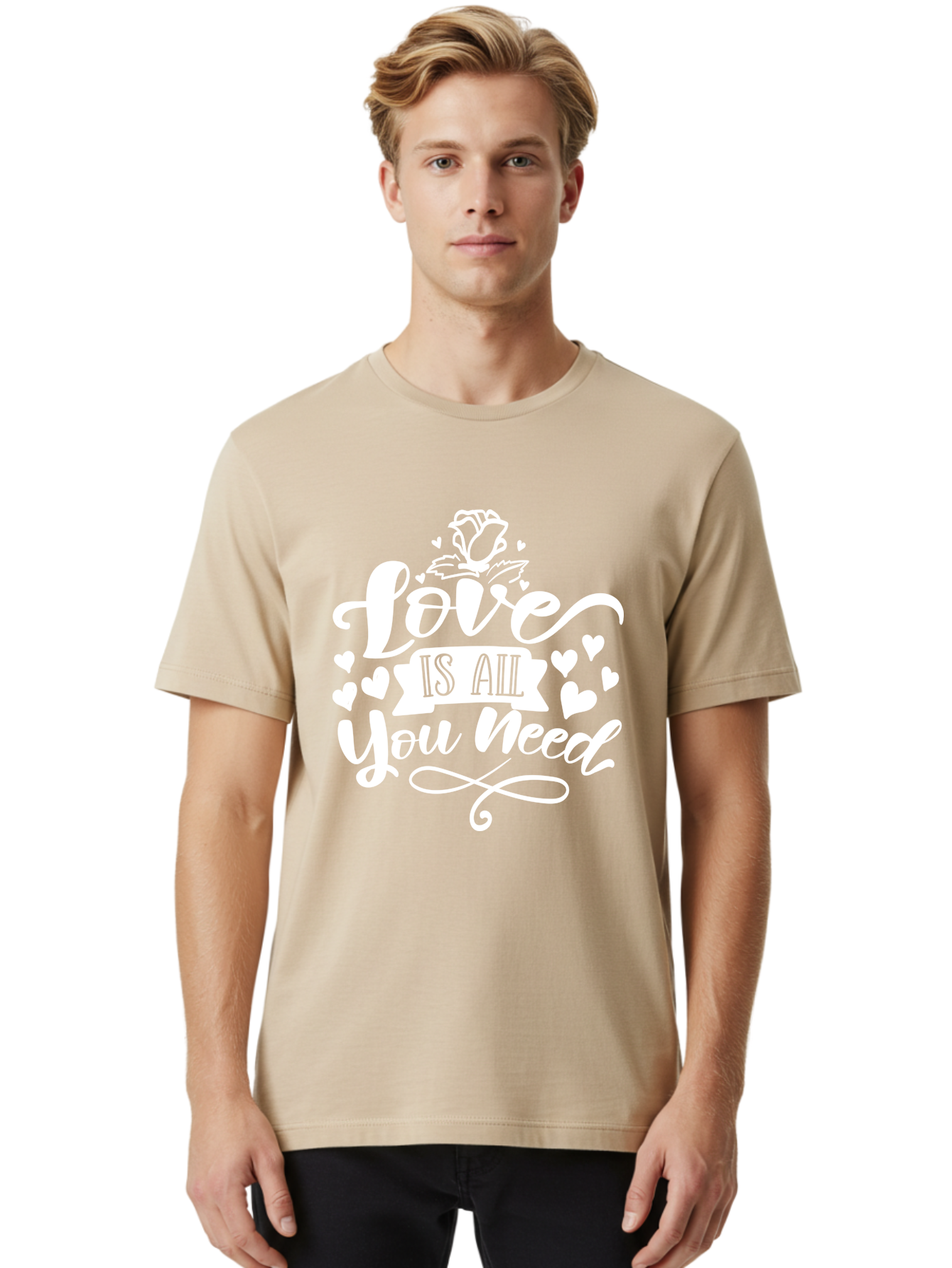 Love Is All You Need White Men'S Graphic Tee, 100% Cotton, Comfortable Casual Summer Wear, Machine Washable, Love Quote, Inspirational Quote, Motivational Quote, Typography, Hearts, Roses, Love Is All You Need, Inspirational Message, Aae468 14