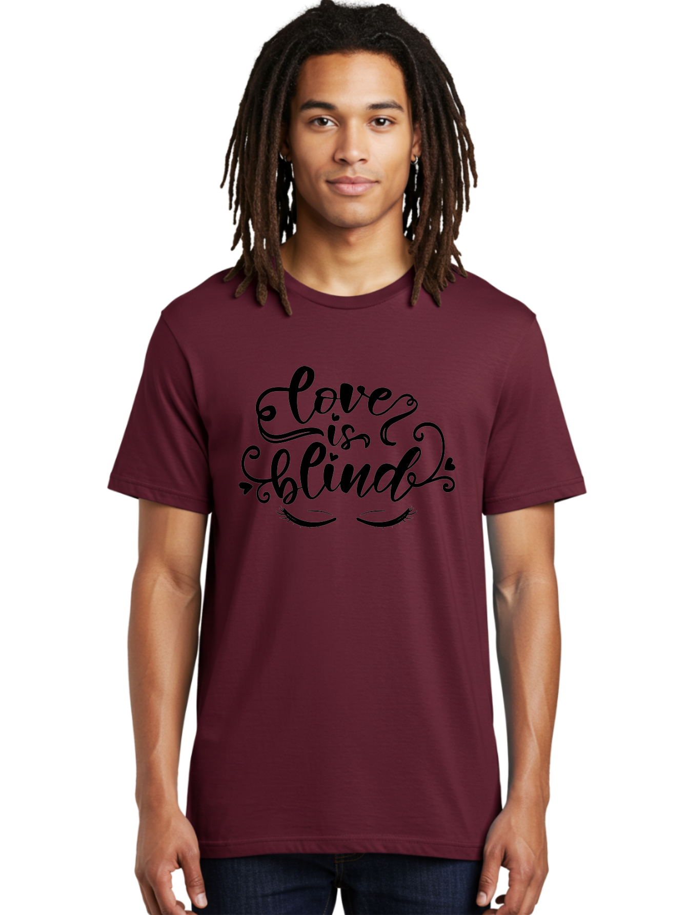 Love Is Blind Men'S Graphic Tee, 100% Cotton, Comfortable Casual Summer Wear, Machine Washable, Love Is Blind Quote, Black Typography, Hearts, Eyelashes, Swirly Design, Vintage Style, Romantic Phrase, Beautiful Lettering Aae470 18