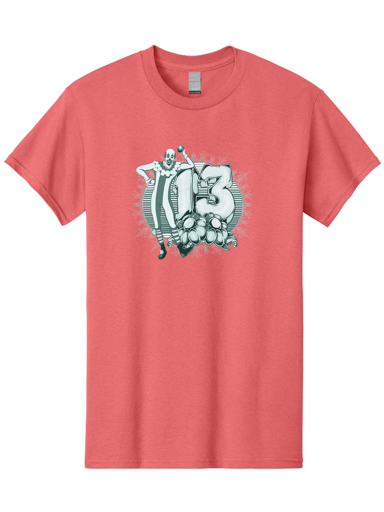 Lucky 13 Clown Men'S Graphic Tee, 100% Cotton, Comfortable Casual Summer Wear, Machine Washable, Clown Illustration, Creepy Clown, Horror Theme, Number 13, Balloon Decoration, Scary Art, Freaky Design, Juggling Balls, Eerie Atmosphere Aae476 3