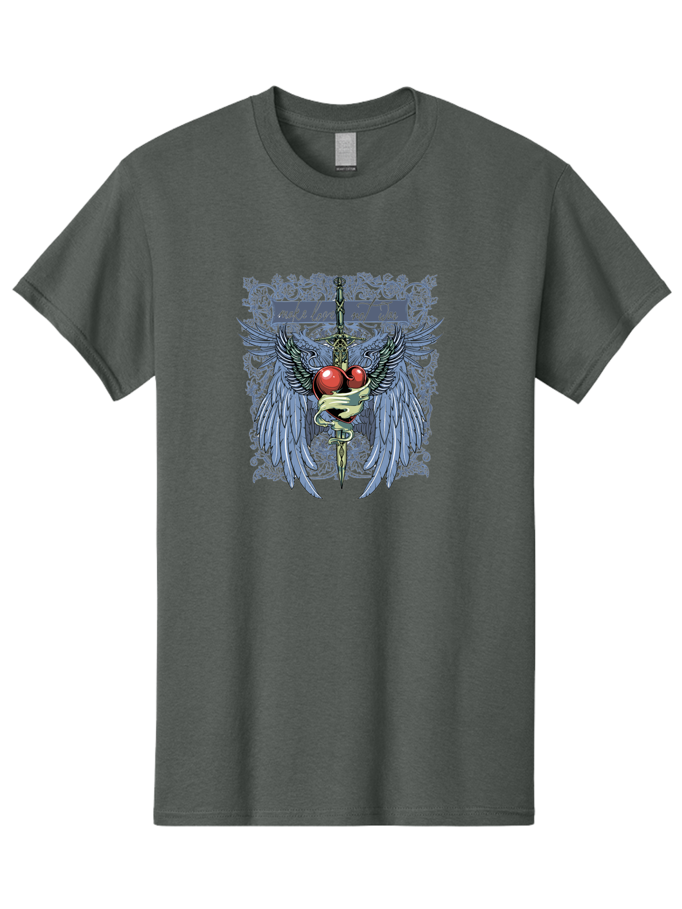 Make Love Not War Men'S Graphic Tee, 100% Cotton, Comfortable Casual Summer Wear, Machine Washable, Dagger, Two Hearts, Wings, Snake Wrapped, Symbolic Imagery, Mystical Artwork, Love, Evil, Heartbreak, Emotional Symbolism, Gothic Art Aae488 11