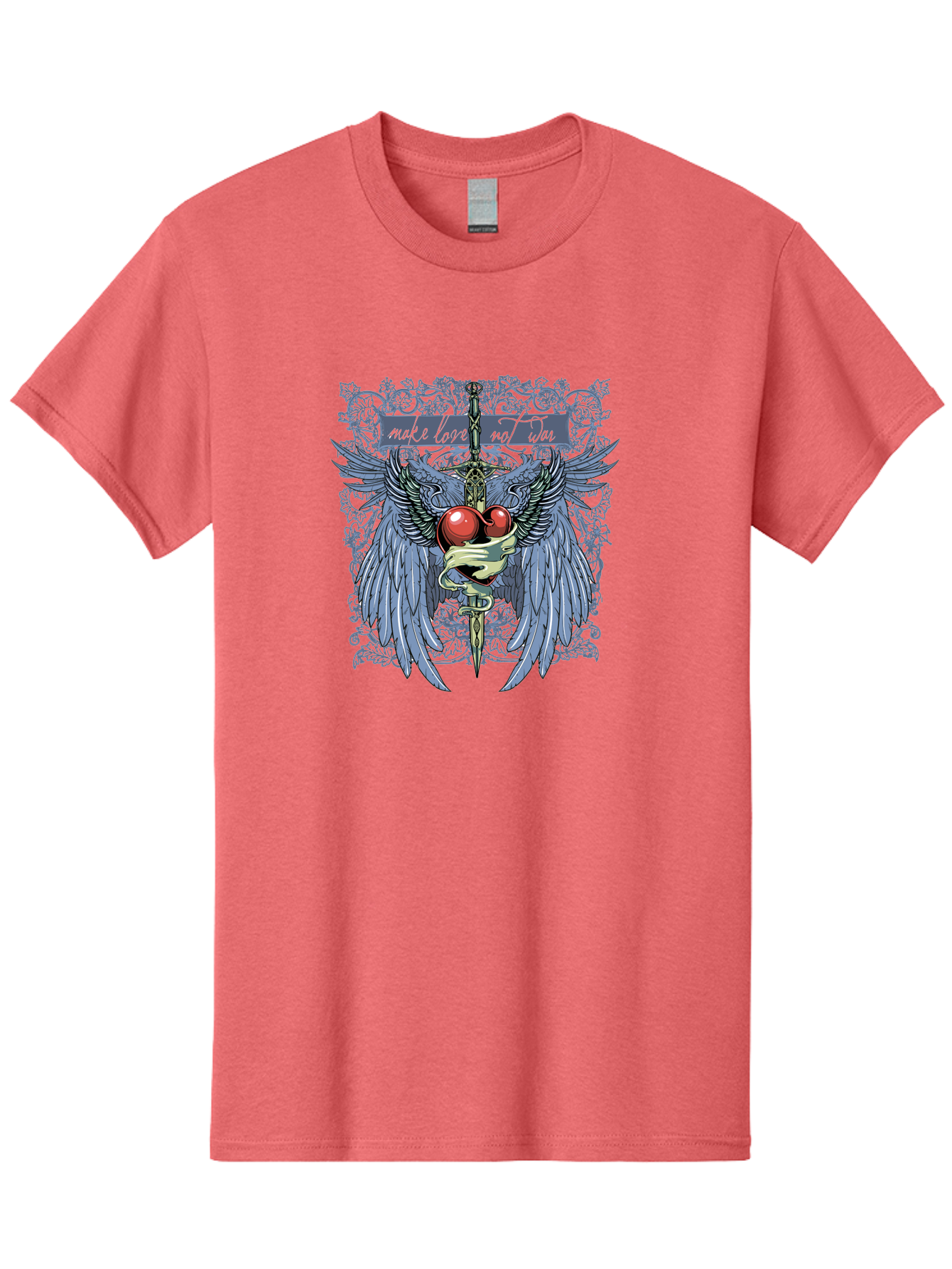 Make Love Not War Men'S Graphic Tee, 100% Cotton, Comfortable Casual Summer Wear, Machine Washable, Dagger, Two Hearts, Wings, Snake Wrapped, Symbolic Imagery, Mystical Artwork, Love, Evil, Heartbreak, Emotional Symbolism, Gothic Art Aae488 19