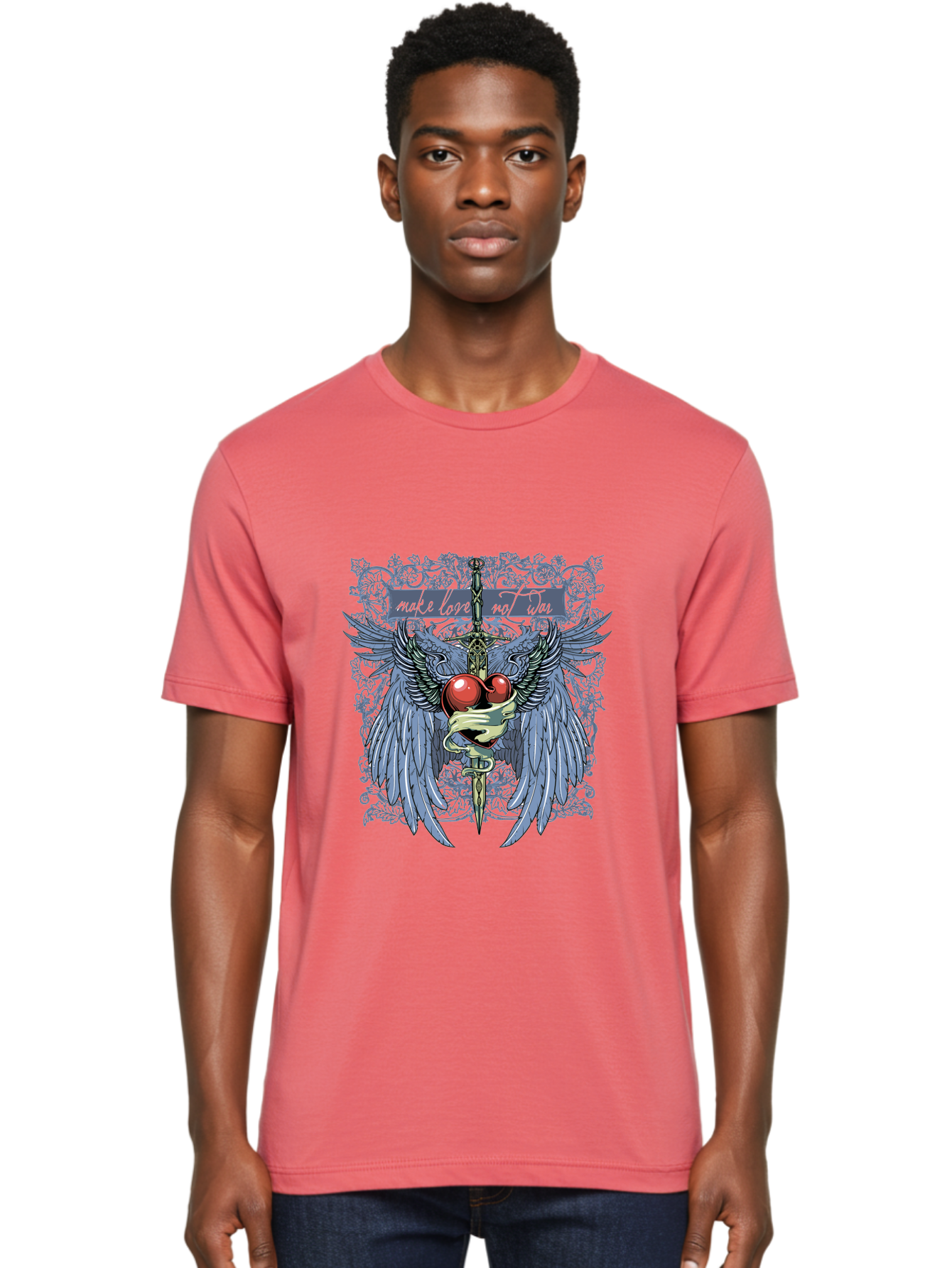 Make Love Not War Men'S Graphic Tee, 100% Cotton, Comfortable Casual Summer Wear, Machine Washable, Dagger, Two Hearts, Wings, Snake Wrapped, Symbolic Imagery, Mystical Artwork, Love, Evil, Heartbreak, Emotional Symbolism, Gothic Art Aae488 20