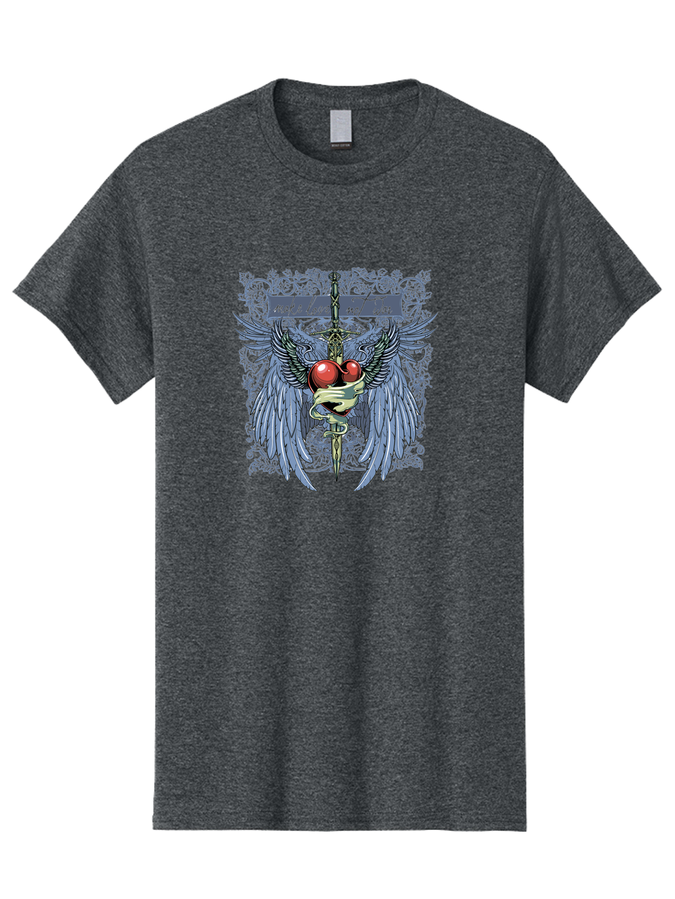 Make Love Not War Men'S Graphic Tee, 100% Cotton, Comfortable Casual Summer Wear, Machine Washable, Dagger, Two Hearts, Wings, Snake Wrapped, Symbolic Imagery, Mystical Artwork, Love, Evil, Heartbreak, Emotional Symbolism, Gothic Art Aae488 17