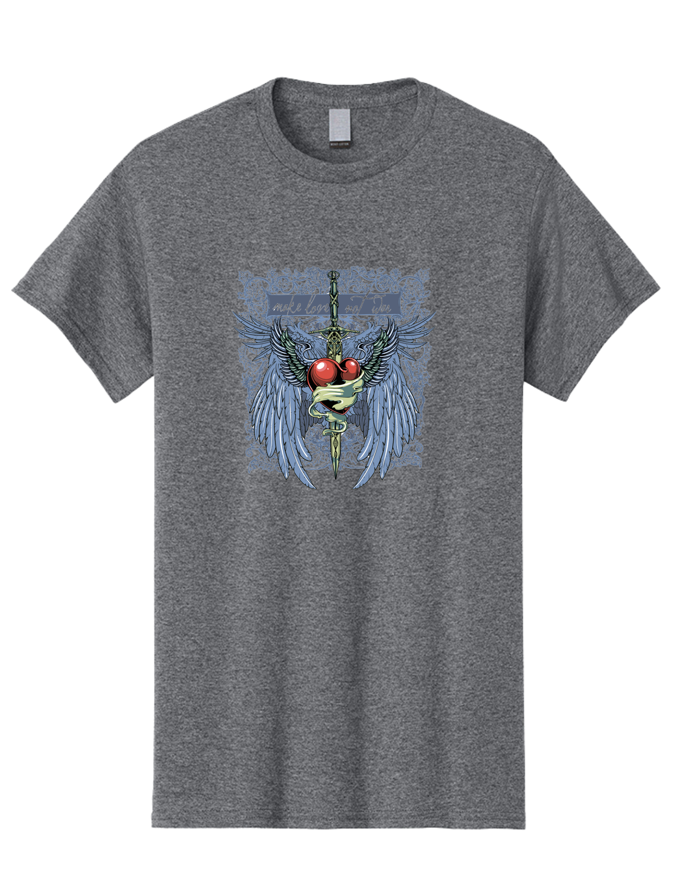 Make Love Not War Men'S Graphic Tee, 100% Cotton, Comfortable Casual Summer Wear, Machine Washable, Dagger, Two Hearts, Wings, Snake Wrapped, Symbolic Imagery, Mystical Artwork, Love, Evil, Heartbreak, Emotional Symbolism, Gothic Art Aae488 7