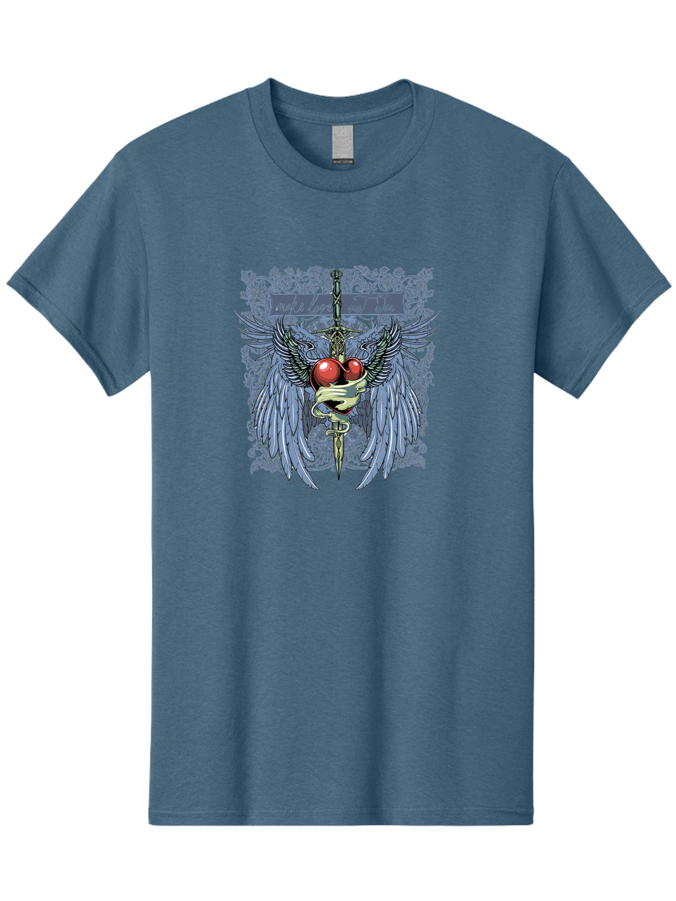 Make Love Not War Men'S Graphic Tee, 100% Cotton, Comfortable Casual Summer Wear, Machine Washable, Dagger, Two Hearts, Wings, Snake Wrapped, Symbolic Imagery, Mystical Artwork, Love, Evil, Heartbreak, Emotional Symbolism, Gothic Art Aae488 29