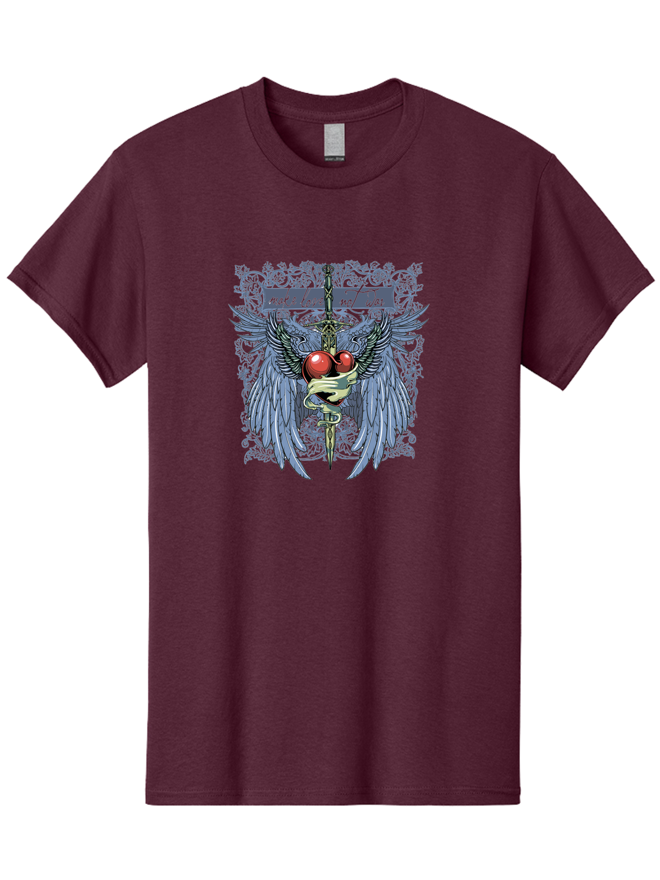 Make Love Not War Men'S Graphic Tee, 100% Cotton, Comfortable Casual Summer Wear, Machine Washable, Dagger, Two Hearts, Wings, Snake Wrapped, Symbolic Imagery, Mystical Artwork, Love, Evil, Heartbreak, Emotional Symbolism, Gothic Art Aae488 27