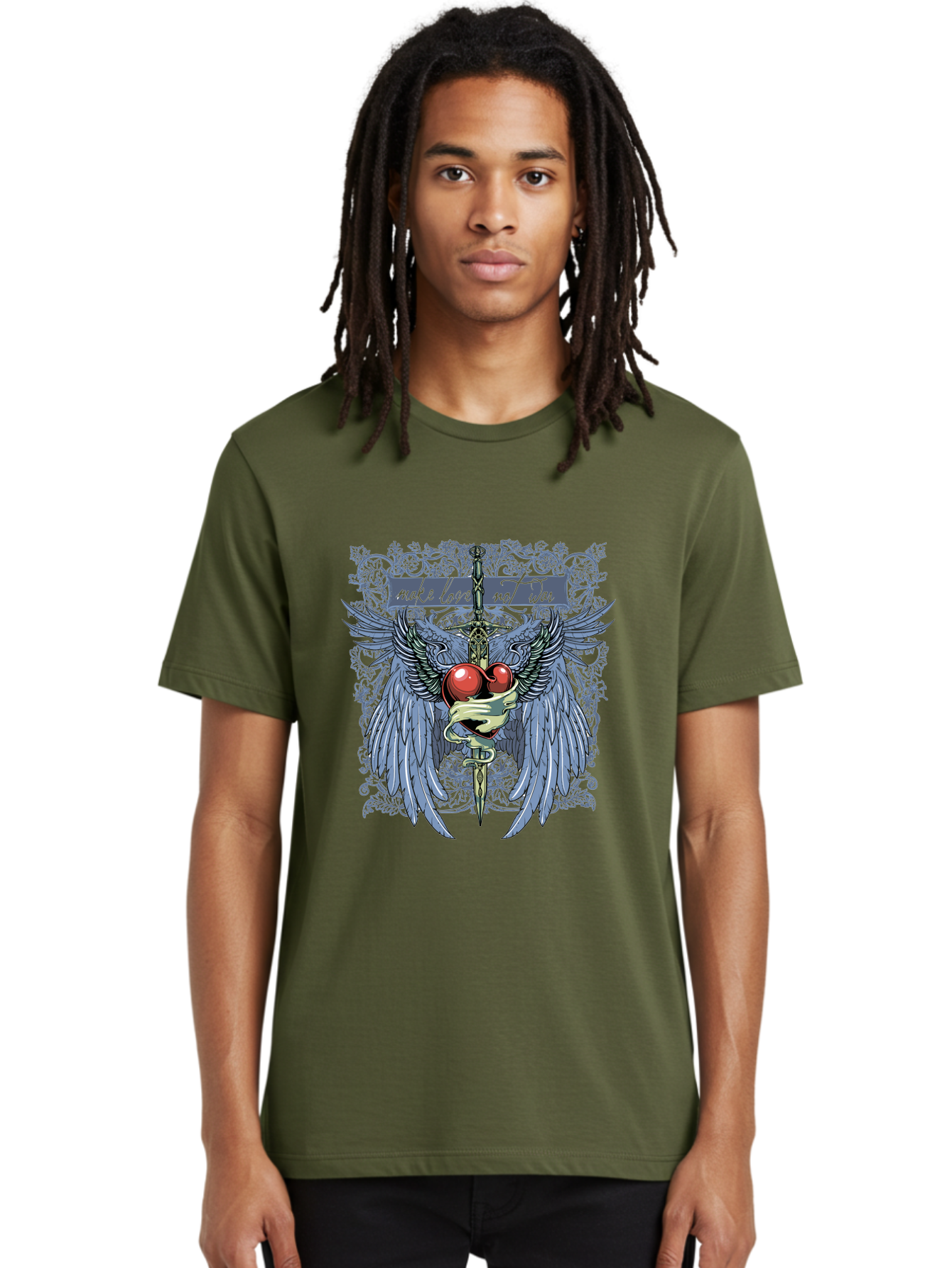 Make Love Not War Men'S Graphic Tee, 100% Cotton, Comfortable Casual Summer Wear, Machine Washable, Dagger, Two Hearts, Wings, Snake Wrapped, Symbolic Imagery, Mystical Artwork, Love, Evil, Heartbreak, Emotional Symbolism, Gothic Art Aae488 22