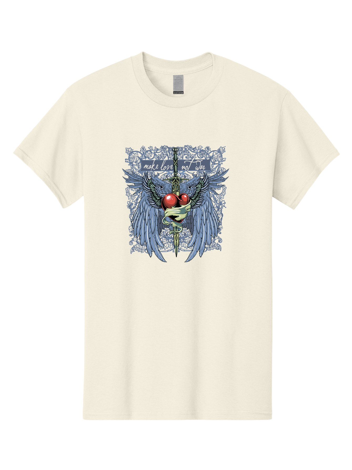 Make Love Not War Men'S Graphic Tee, 100% Cotton, Comfortable Casual Summer Wear, Machine Washable, Dagger, Two Hearts, Wings, Snake Wrapped, Symbolic Imagery, Mystical Artwork, Love, Evil, Heartbreak, Emotional Symbolism, Gothic Art Aae488 5