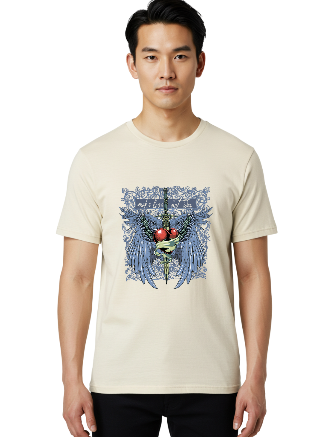 Make Love Not War Men'S Graphic Tee, 100% Cotton, Comfortable Casual Summer Wear, Machine Washable, Dagger, Two Hearts, Wings, Snake Wrapped, Symbolic Imagery, Mystical Artwork, Love, Evil, Heartbreak, Emotional Symbolism, Gothic Art Aae488 6