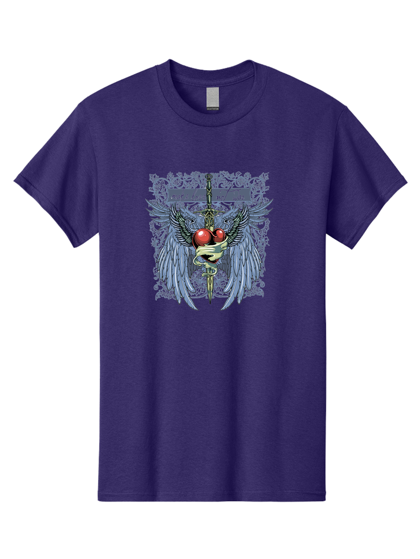 Make Love Not War Men'S Graphic Tee, 100% Cotton, Comfortable Casual Summer Wear, Machine Washable, Dagger, Two Hearts, Wings, Snake Wrapped, Symbolic Imagery, Mystical Artwork, Love, Evil, Heartbreak, Emotional Symbolism, Gothic Art Aae488 13