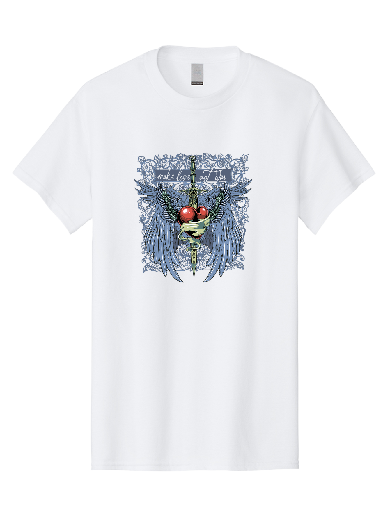 Make Love Not War Men'S Graphic Tee, 100% Cotton, Comfortable Casual Summer Wear, Machine Washable, Dagger, Two Hearts, Wings, Snake Wrapped, Symbolic Imagery, Mystical Artwork, Love, Evil, Heartbreak, Emotional Symbolism, Gothic Art Aae488 15