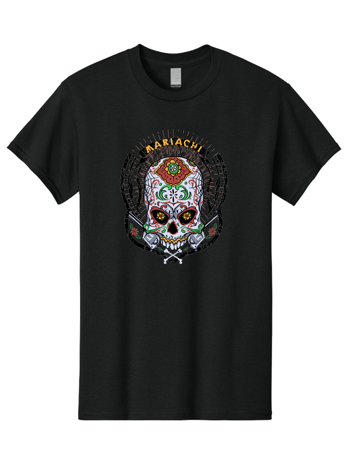 Mariachi Of The Dead Men'S Graphic Tee, 100% Cotton, Comfortable Casual Summer Wear, Machine Washable, Sugar Skull, Mariachi Theme, Floral Designs, Guns, Crossbones, Vibrant Colors, Mexican Culture, Day Of The Dead, Skull Art, Ornate Details, Aae490 25