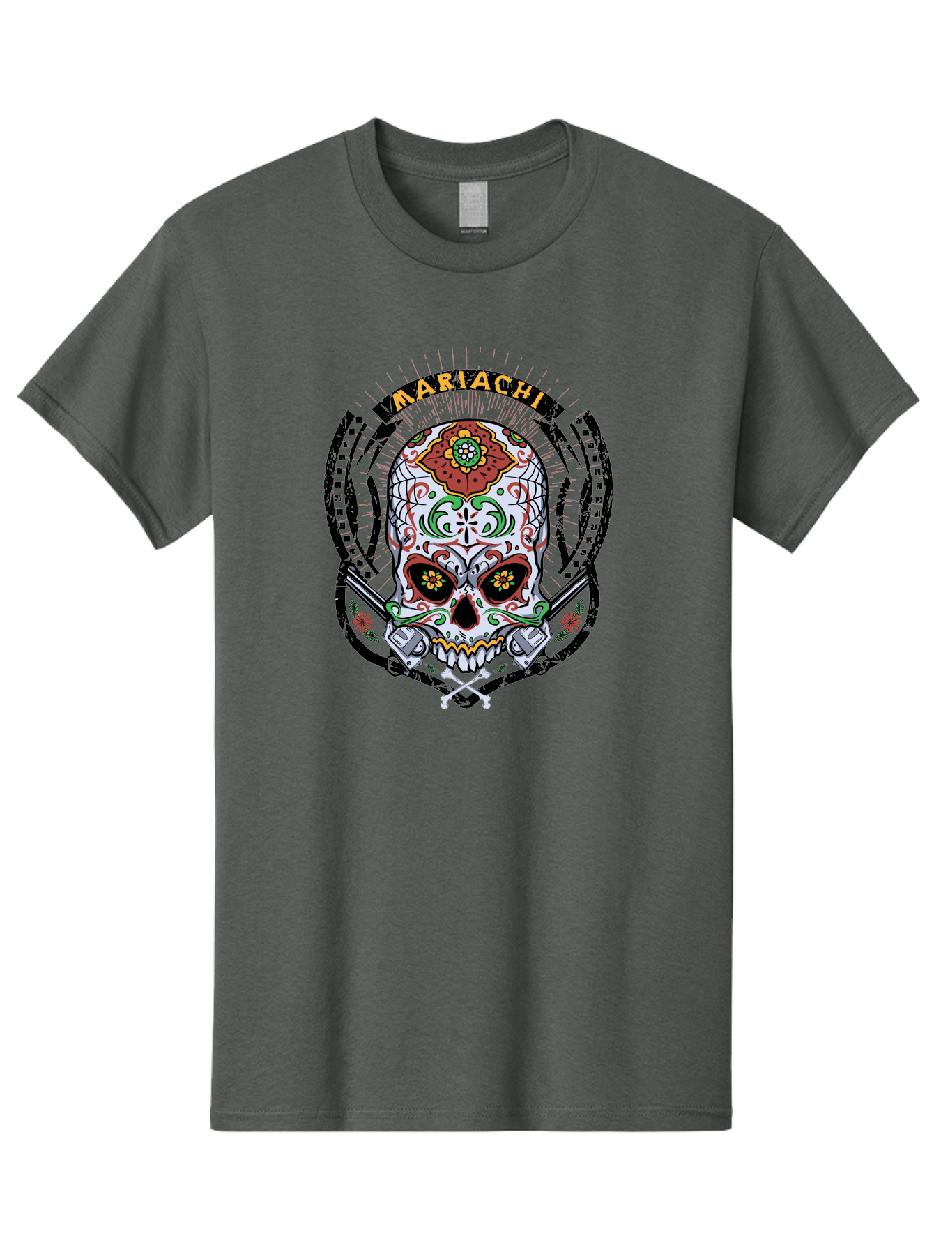 Mariachi Of The Dead Men'S Graphic Tee, 100% Cotton, Comfortable Casual Summer Wear, Machine Washable, Sugar Skull, Mariachi Theme, Floral Designs, Guns, Crossbones, Vibrant Colors, Mexican Culture, Day Of The Dead, Skull Art, Ornate Details, Aae490 5