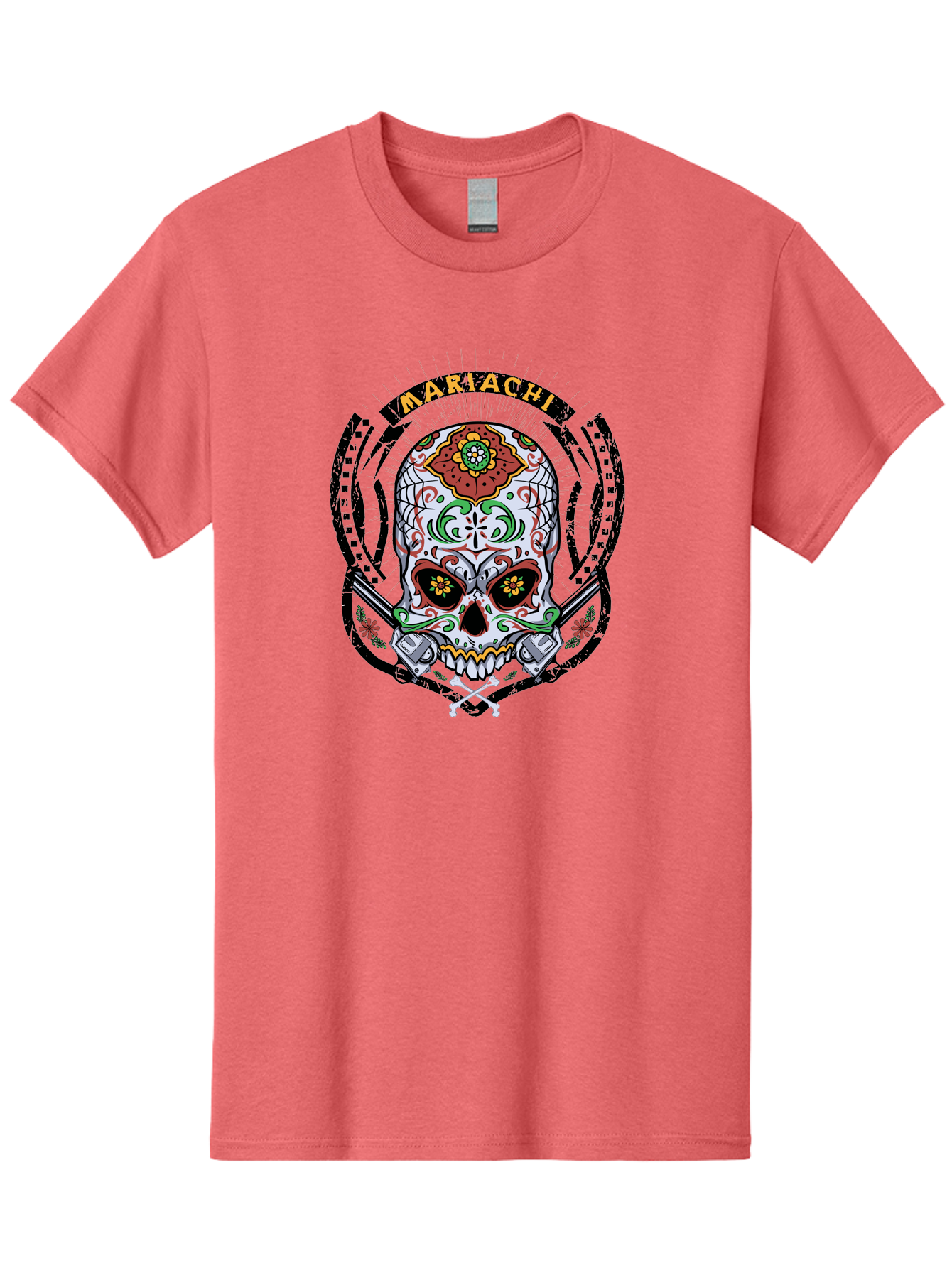 Mariachi Of The Dead Men'S Graphic Tee, 100% Cotton, Comfortable Casual Summer Wear, Machine Washable, Sugar Skull, Mariachi Theme, Floral Designs, Guns, Crossbones, Vibrant Colors, Mexican Culture, Day Of The Dead, Skull Art, Ornate Details, Aae490 11