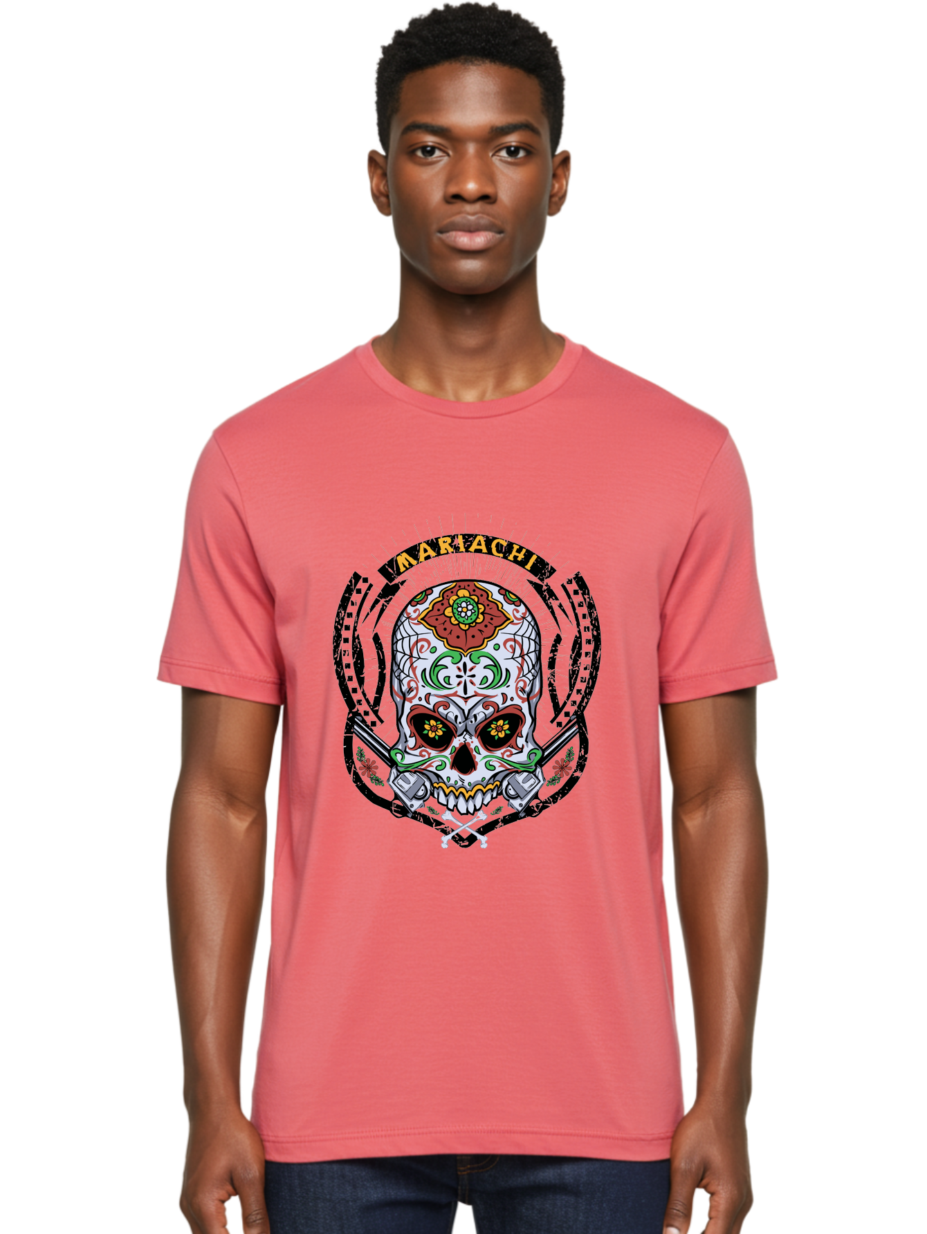 Mariachi Of The Dead Men'S Graphic Tee, 100% Cotton, Comfortable Casual Summer Wear, Machine Washable, Sugar Skull, Mariachi Theme, Floral Designs, Guns, Crossbones, Vibrant Colors, Mexican Culture, Day Of The Dead, Skull Art, Ornate Details, Aae490 12