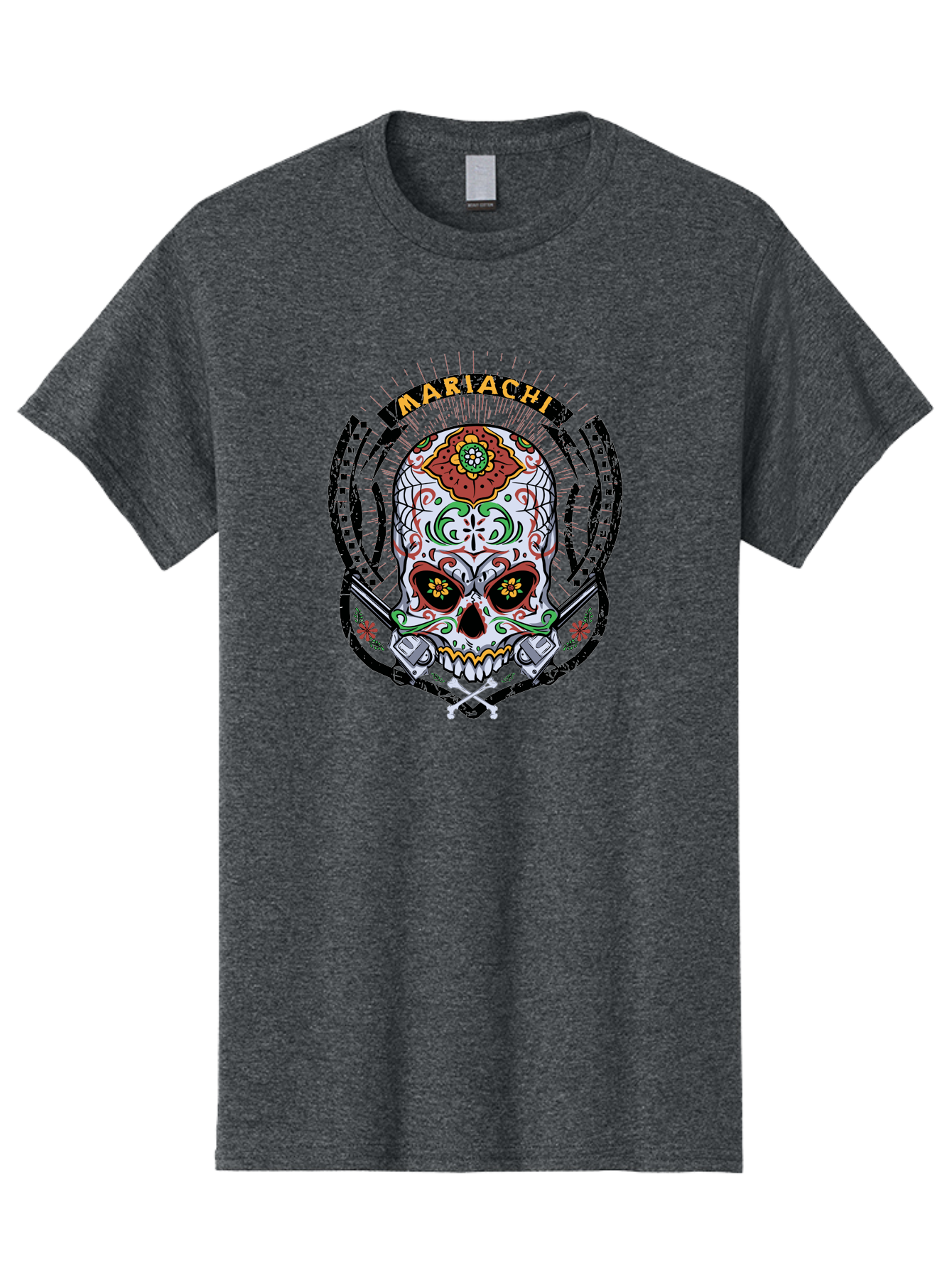 Mariachi Of The Dead Men'S Graphic Tee, 100% Cotton, Comfortable Casual Summer Wear, Machine Washable, Sugar Skull, Mariachi Theme, Floral Designs, Guns, Crossbones, Vibrant Colors, Mexican Culture, Day Of The Dead, Skull Art, Ornate Details, Aae490 27