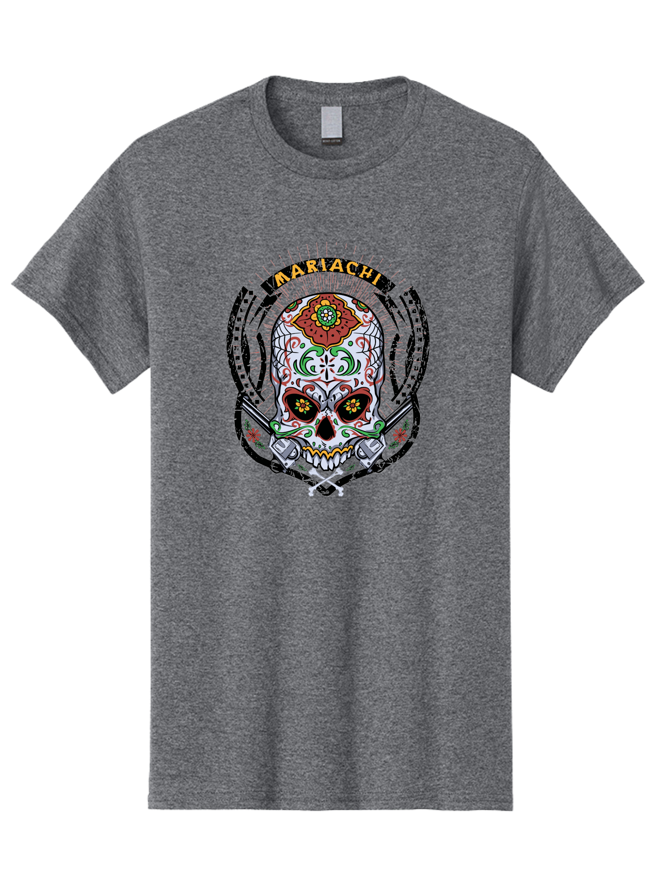 Mariachi Of The Dead Men'S Graphic Tee, 100% Cotton, Comfortable Casual Summer Wear, Machine Washable, Sugar Skull, Mariachi Theme, Floral Designs, Guns, Crossbones, Vibrant Colors, Mexican Culture, Day Of The Dead, Skull Art, Ornate Details, Aae490 19