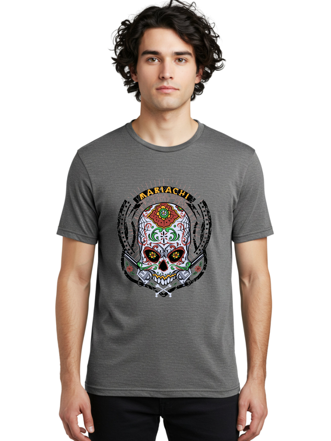 Mariachi Of The Dead Men'S Graphic Tee, 100% Cotton, Comfortable Casual Summer Wear, Machine Washable, Sugar Skull, Mariachi Theme, Floral Designs, Guns, Crossbones, Vibrant Colors, Mexican Culture, Day Of The Dead, Skull Art, Ornate Details, Aae490 20