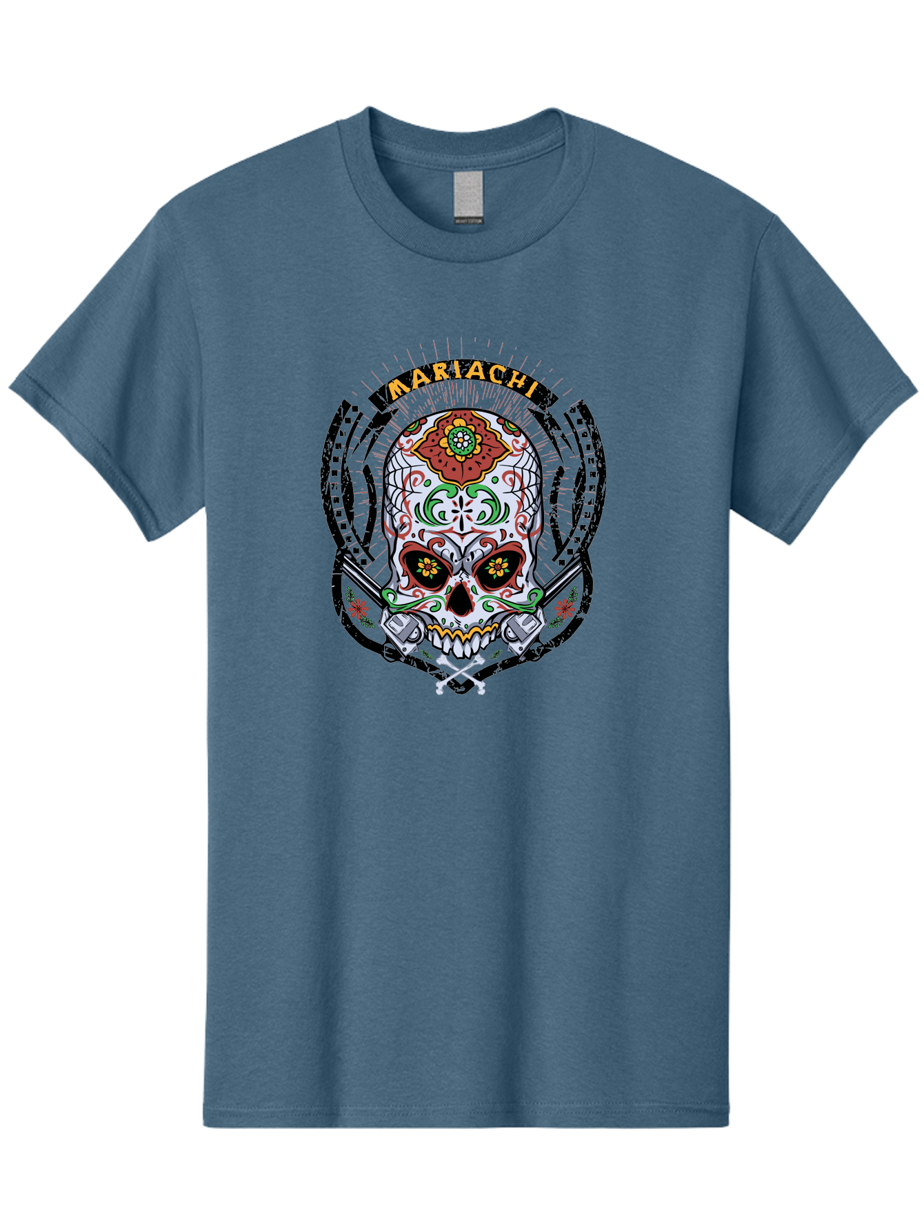 Mariachi Of The Dead Men'S Graphic Tee, 100% Cotton, Comfortable Casual Summer Wear, Machine Washable, Sugar Skull, Mariachi Theme, Floral Designs, Guns, Crossbones, Vibrant Colors, Mexican Culture, Day Of The Dead, Skull Art, Ornate Details, Aae490 7