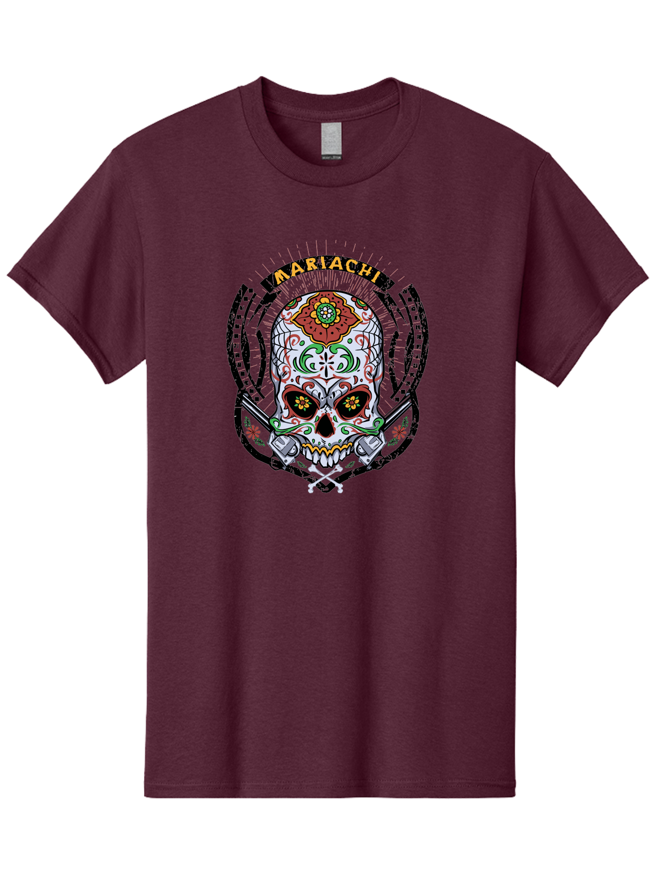 Mariachi Of The Dead Men'S Graphic Tee, 100% Cotton, Comfortable Casual Summer Wear, Machine Washable, Sugar Skull, Mariachi Theme, Floral Designs, Guns, Crossbones, Vibrant Colors, Mexican Culture, Day Of The Dead, Skull Art, Ornate Details, Aae490 23
