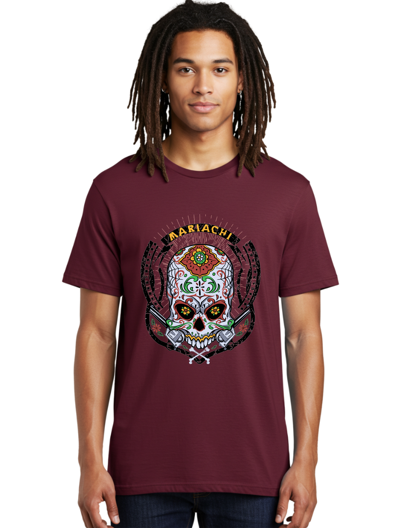 Mariachi Of The Dead Men'S Graphic Tee, 100% Cotton, Comfortable Casual Summer Wear, Machine Washable, Sugar Skull, Mariachi Theme, Floral Designs, Guns, Crossbones, Vibrant Colors, Mexican Culture, Day Of The Dead, Skull Art, Ornate Details, Aae490 24