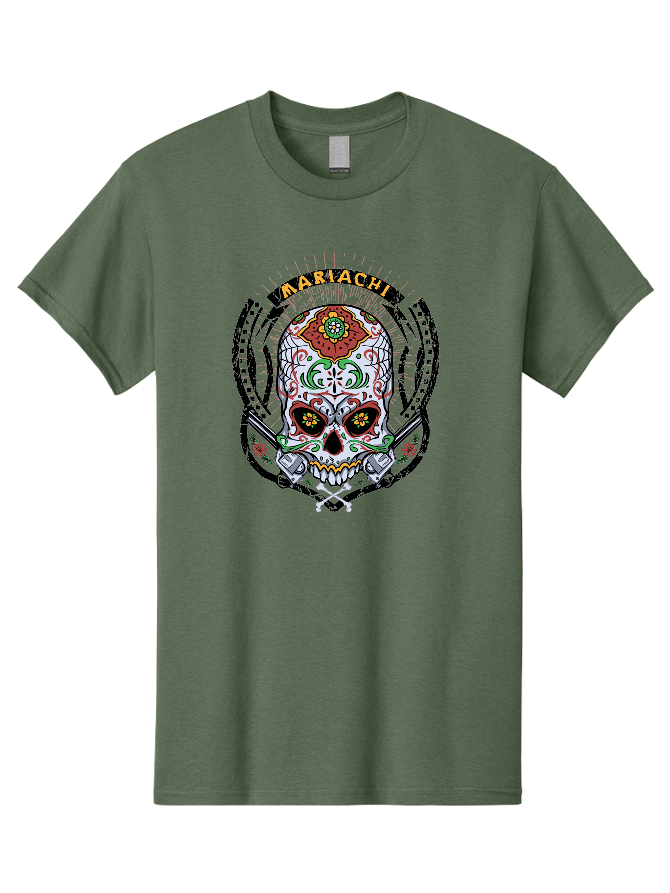 Mariachi Of The Dead Men'S Graphic Tee, 100% Cotton, Comfortable Casual Summer Wear, Machine Washable, Sugar Skull, Mariachi Theme, Floral Designs, Guns, Crossbones, Vibrant Colors, Mexican Culture, Day Of The Dead, Skull Art, Ornate Details, Aae490 9